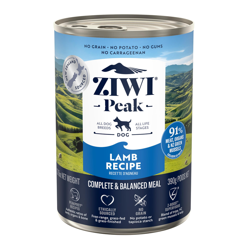 ZIWI Peak lamb canned dog food in a case of 12, high-protein meal option.