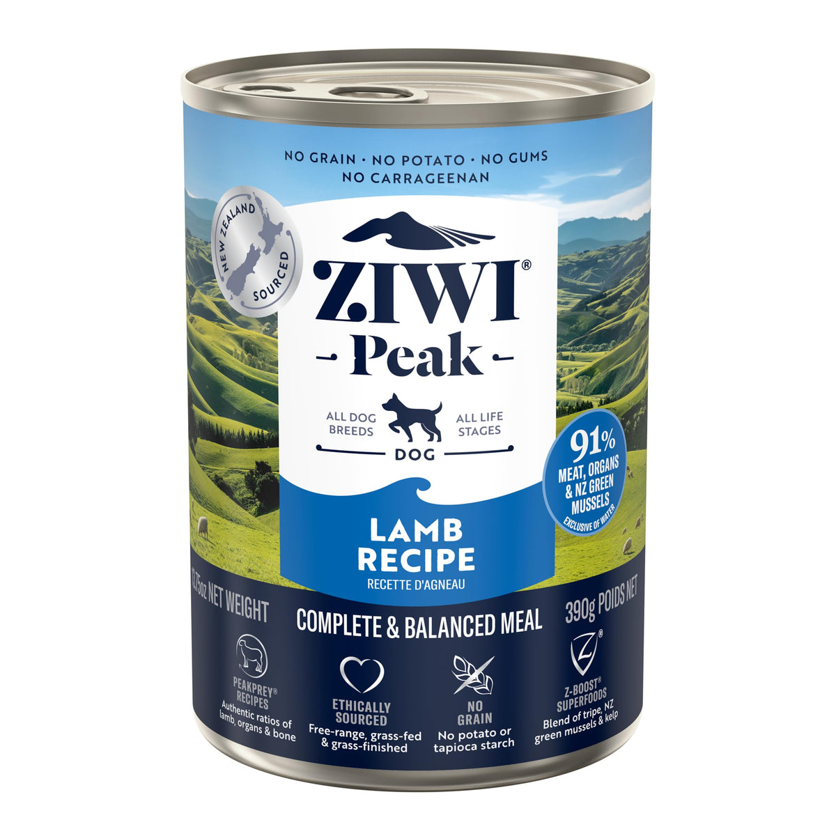ZIWI Peak lamb canned dog food in a case of 12, high-protein meal option.