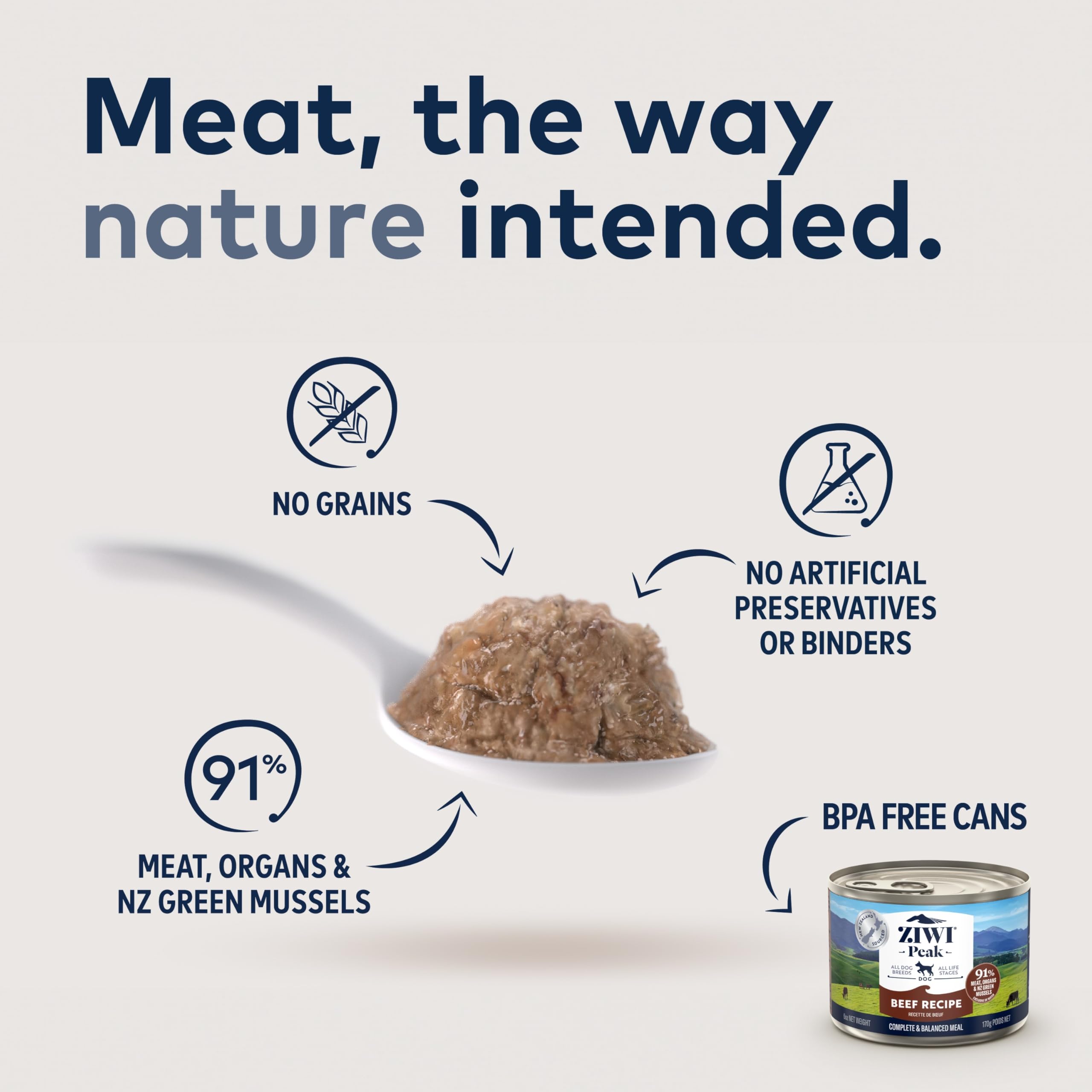 ZIWI Peak beef, organs, and bone ingredients highlight premium protein mix.