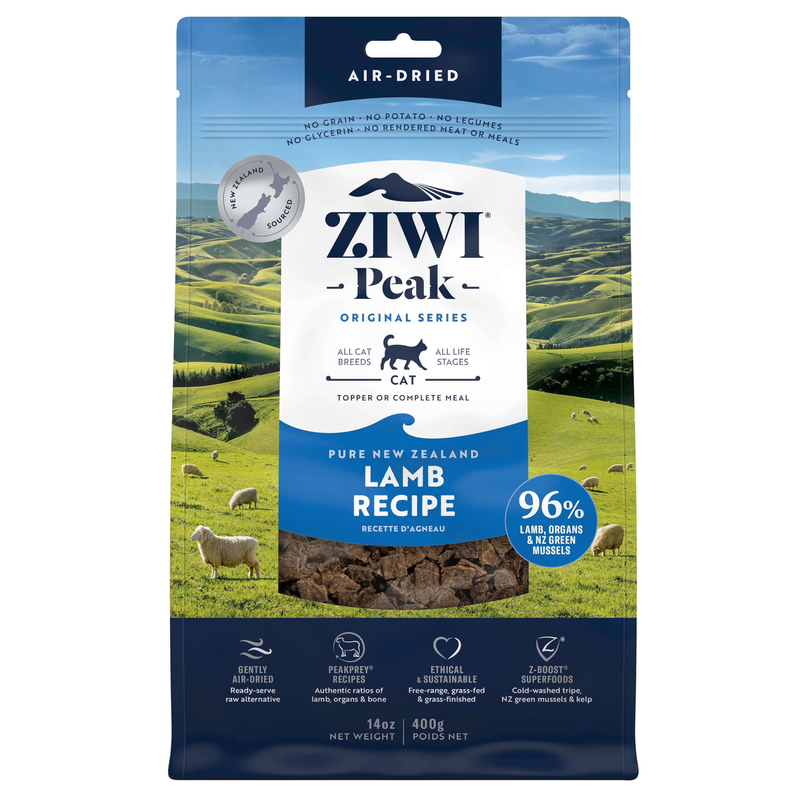ZIWI Peak Lamb air-dried cat food packaging showing grain-free formula high-protein