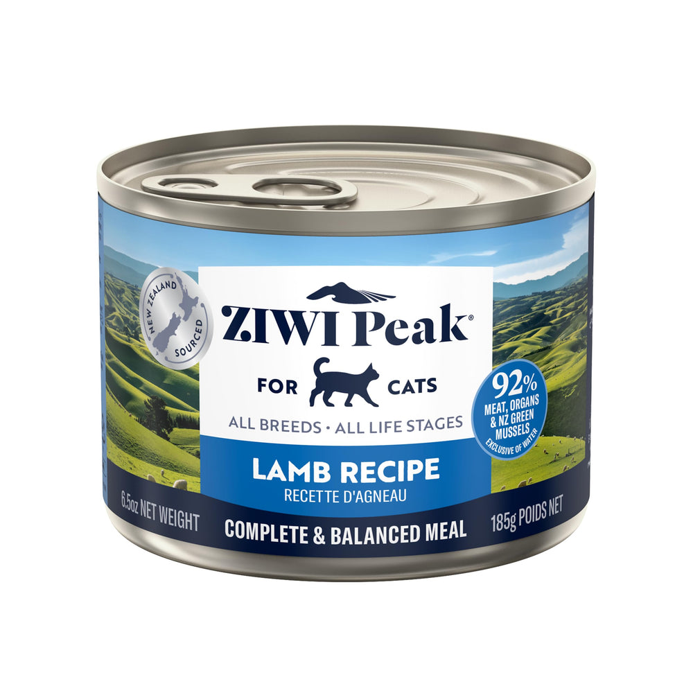 ZIWI Peak Lamb wet cat food can close-up showing moist, protein-rich meal