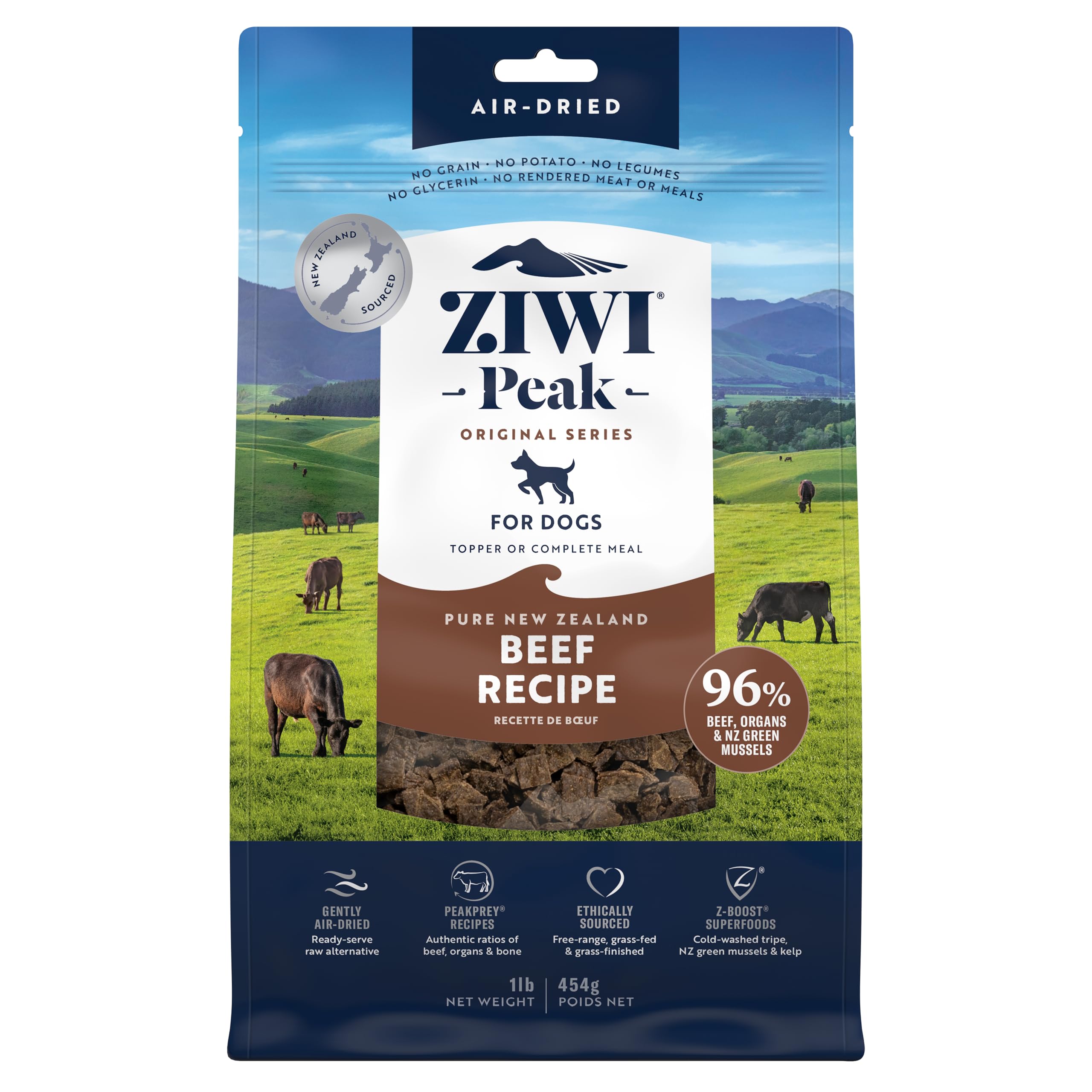 ZIWI Peak beef dog food packaging shows premium natural ingredients and sourcing.