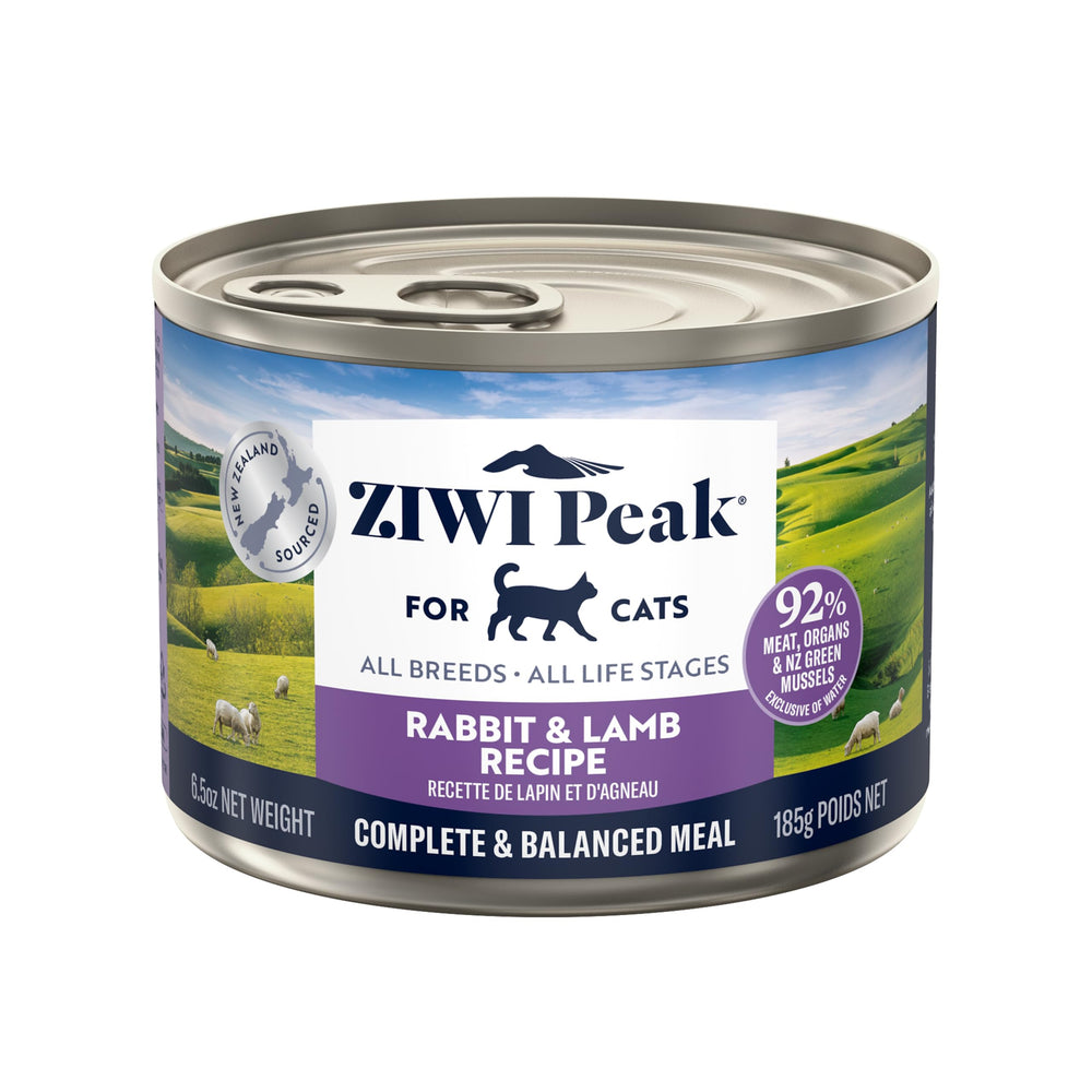 ZIWI Peak rabbit-lamb wet cat food can close-up shows premium meat ingredients