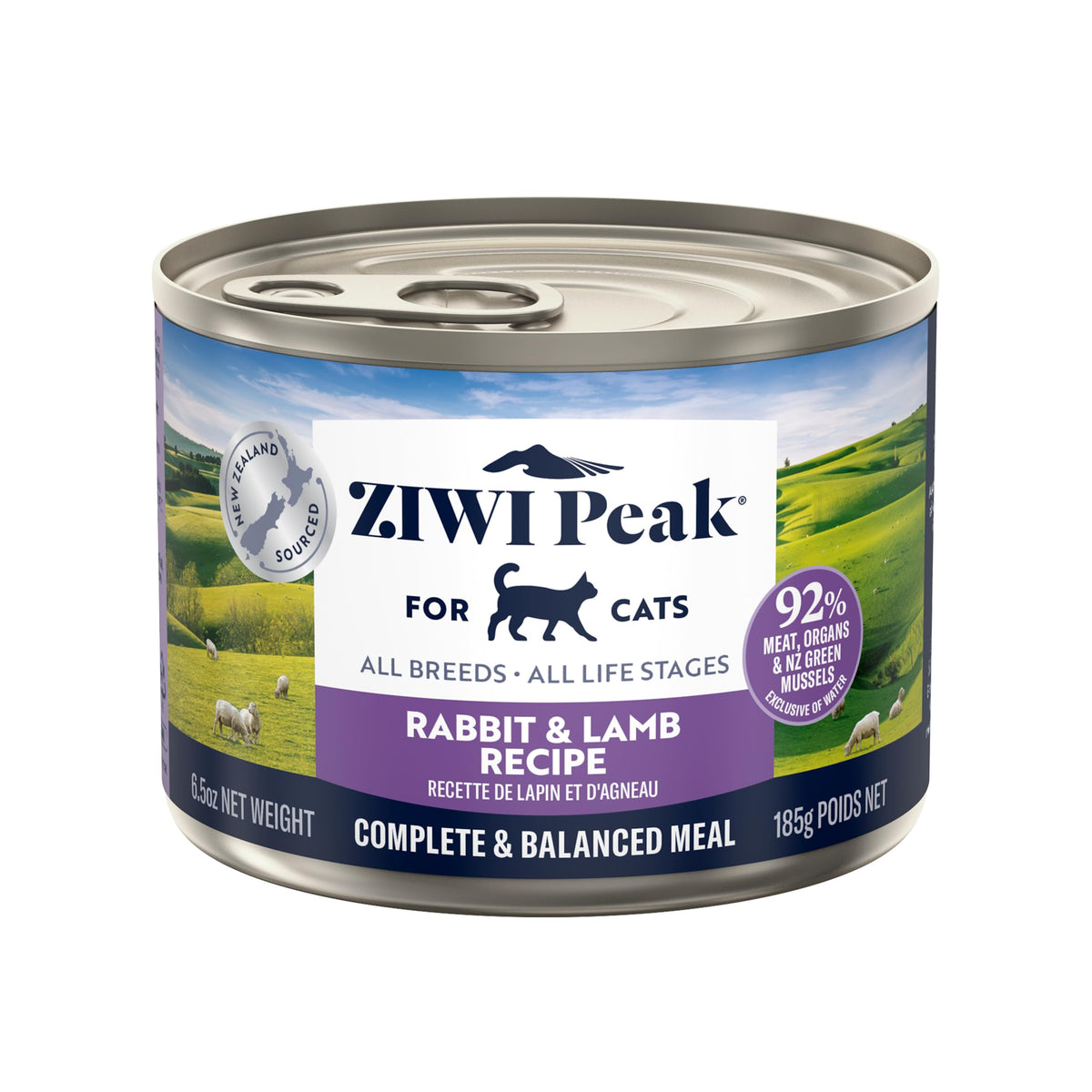 ZIWI Peak rabbit-lamb wet cat food can close-up shows premium meat ingredients