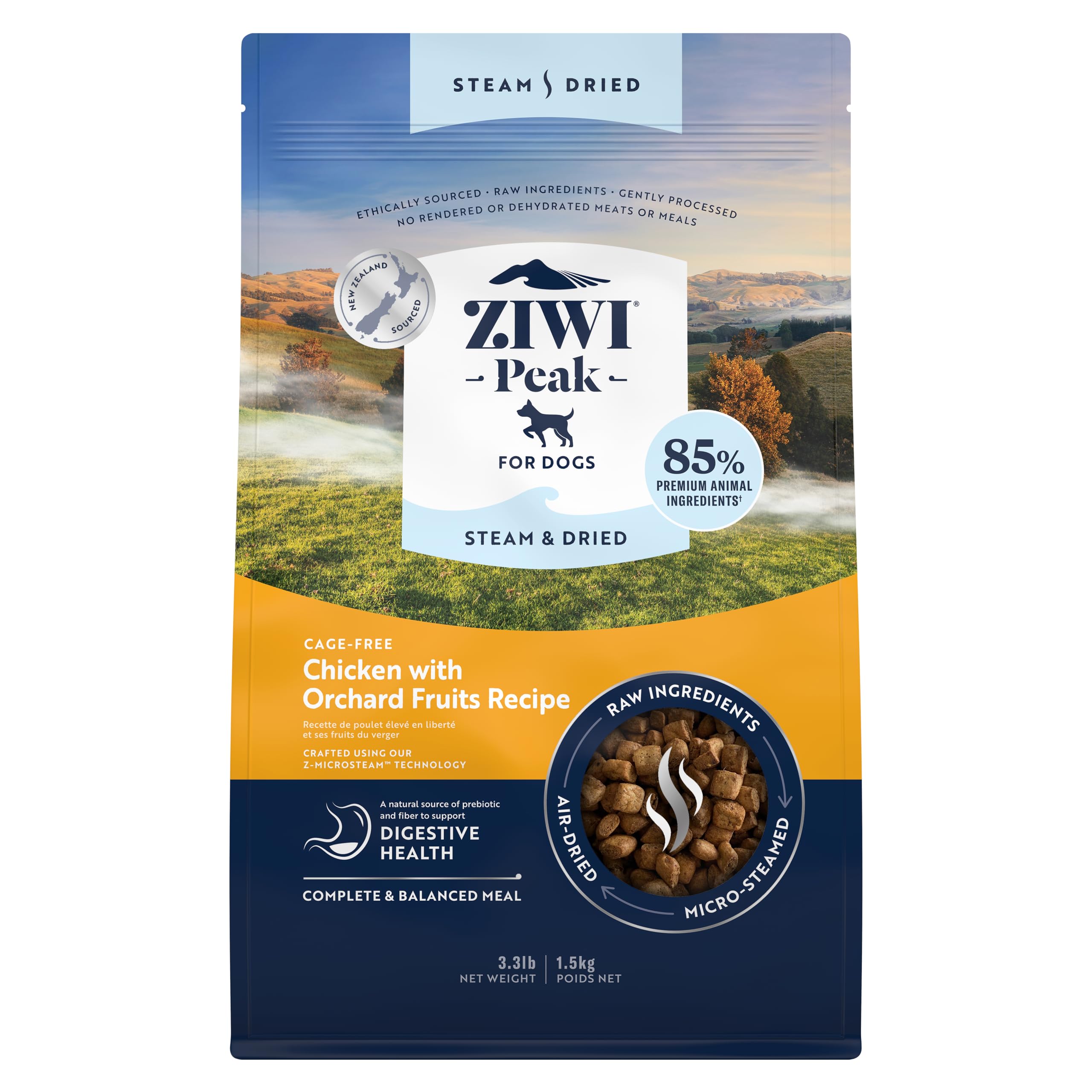 ZIWI Peak Steam & Dried dog food bag with cage-free chicken and fruits for premium nutrition