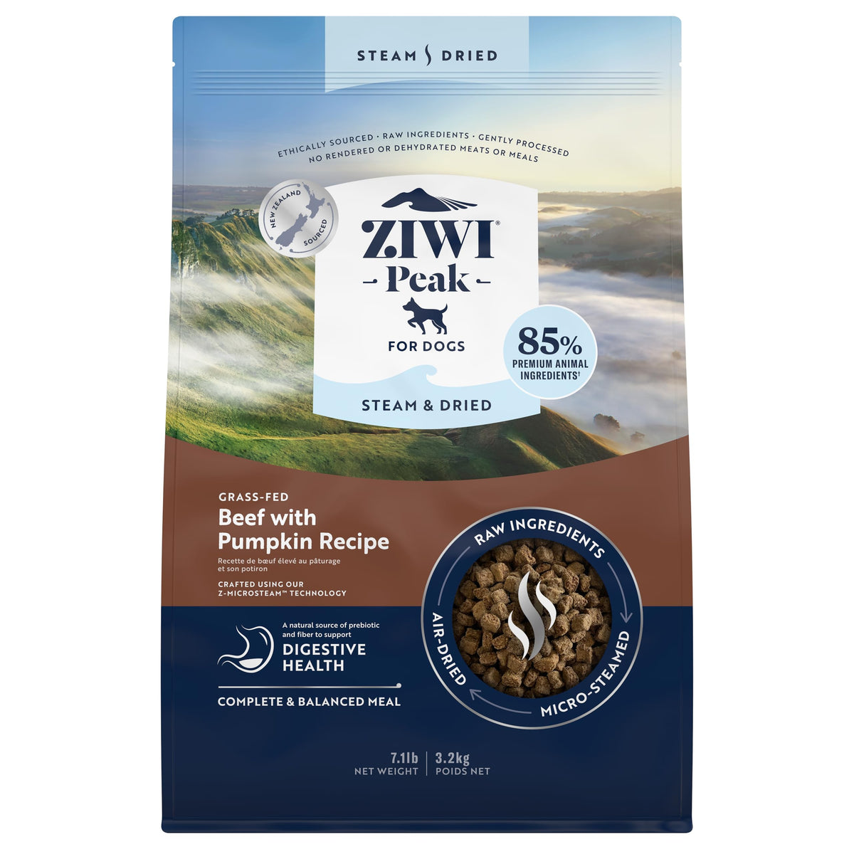 ZIWI Peak steam-dried beef with pumpkin packaging highlighting premium nutrition for dogs