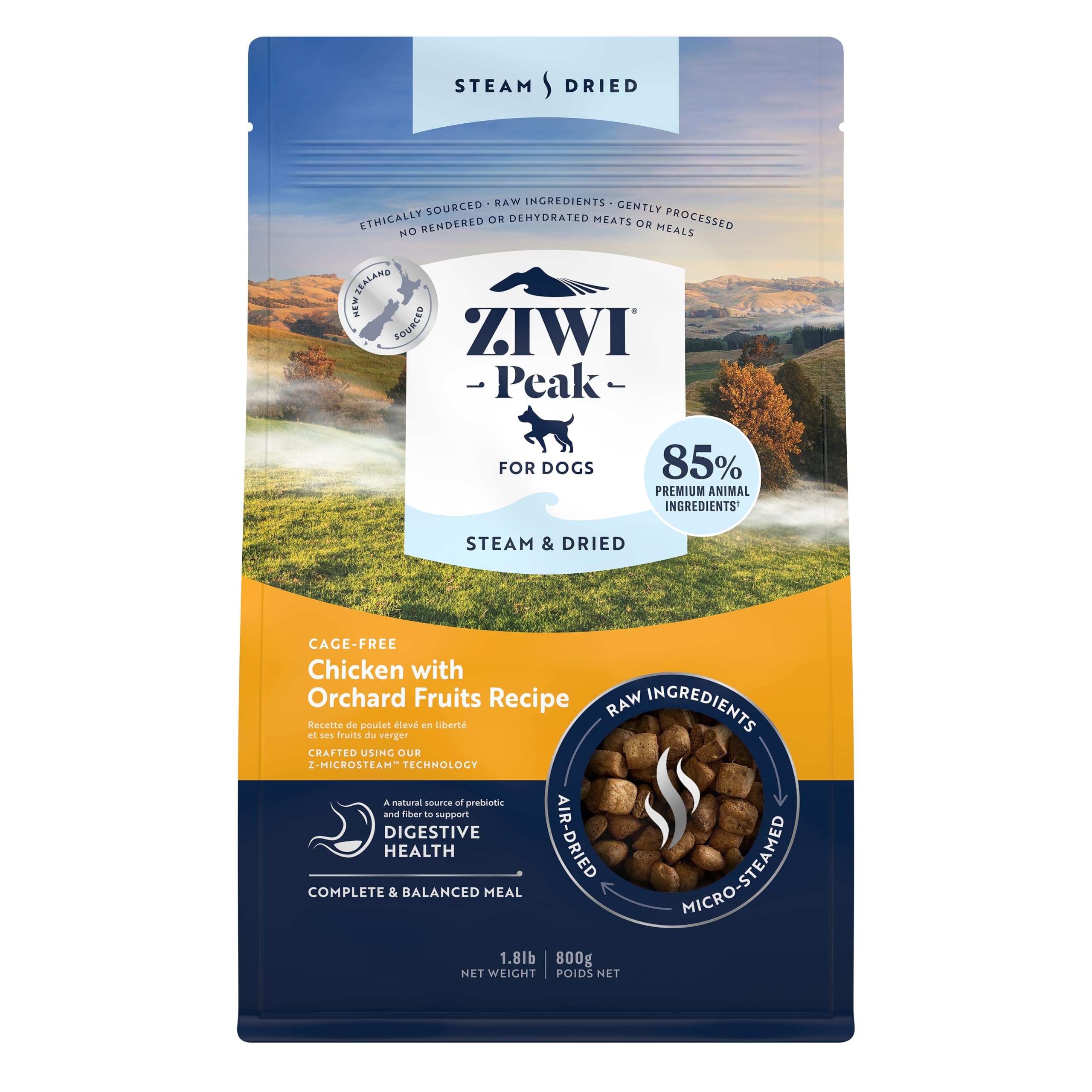 ZIWI Peak steam-dried dog food bag with cage-free chicken and fruits for premium nutrition.