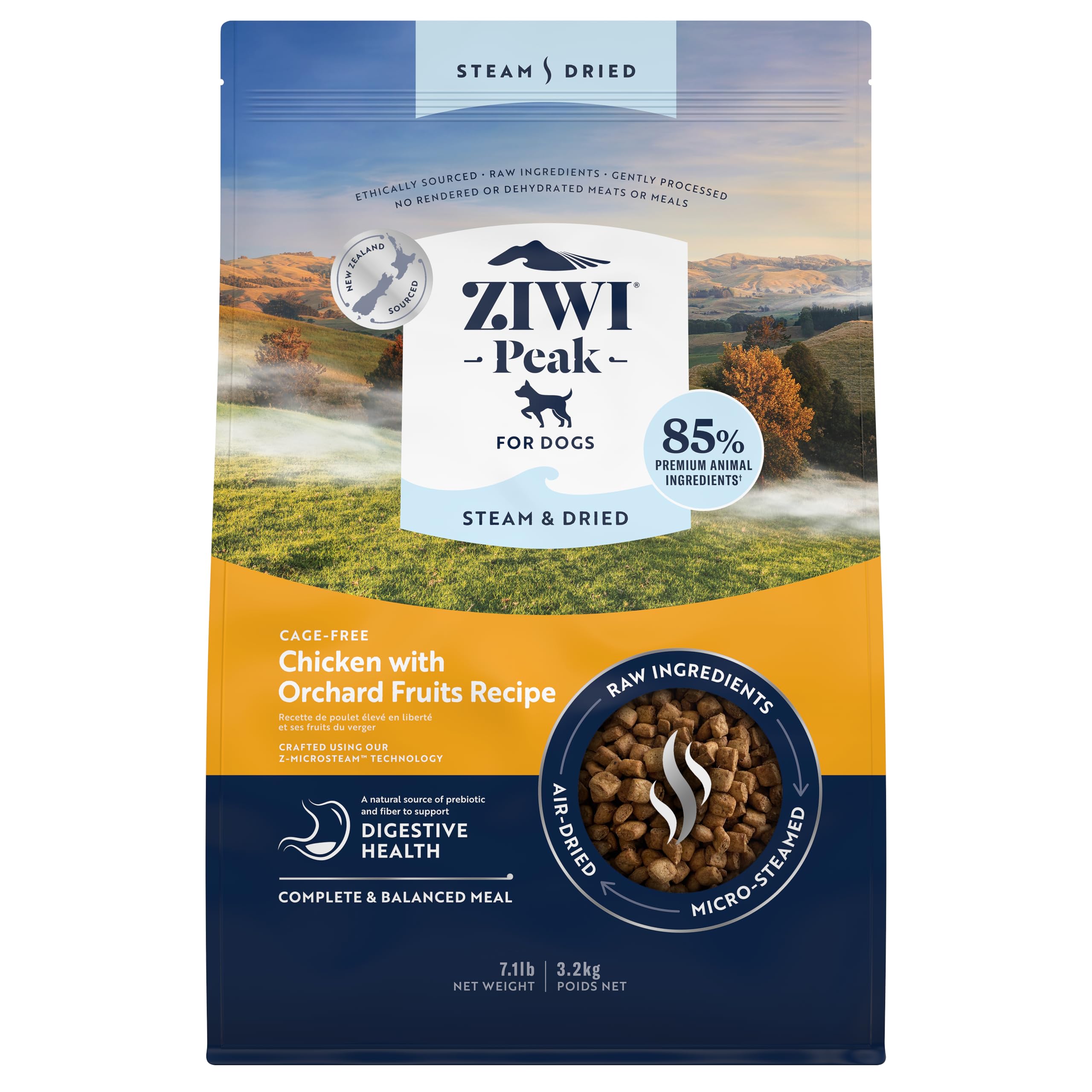 ZIWI Peak packaging shows cage-free chicken and fruits for premium dog nutrition