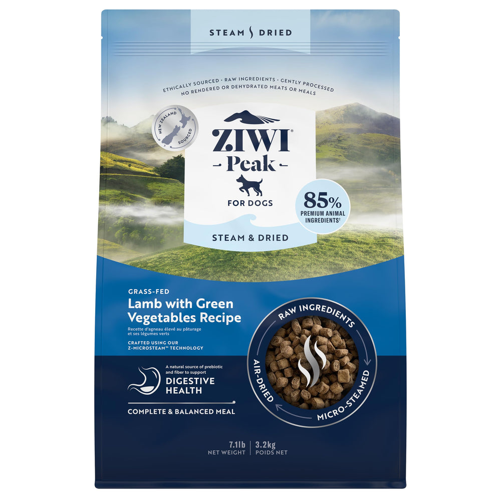 ZIWI Peak steam-dried lamb dog food bag showing 113.6oz packaging for long-lasting meals