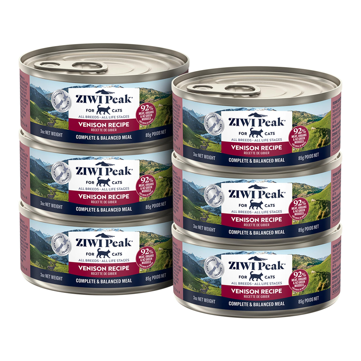 ZIWI Peak venison wet cat food cans showcasing high-protein, grain-free nourishment.