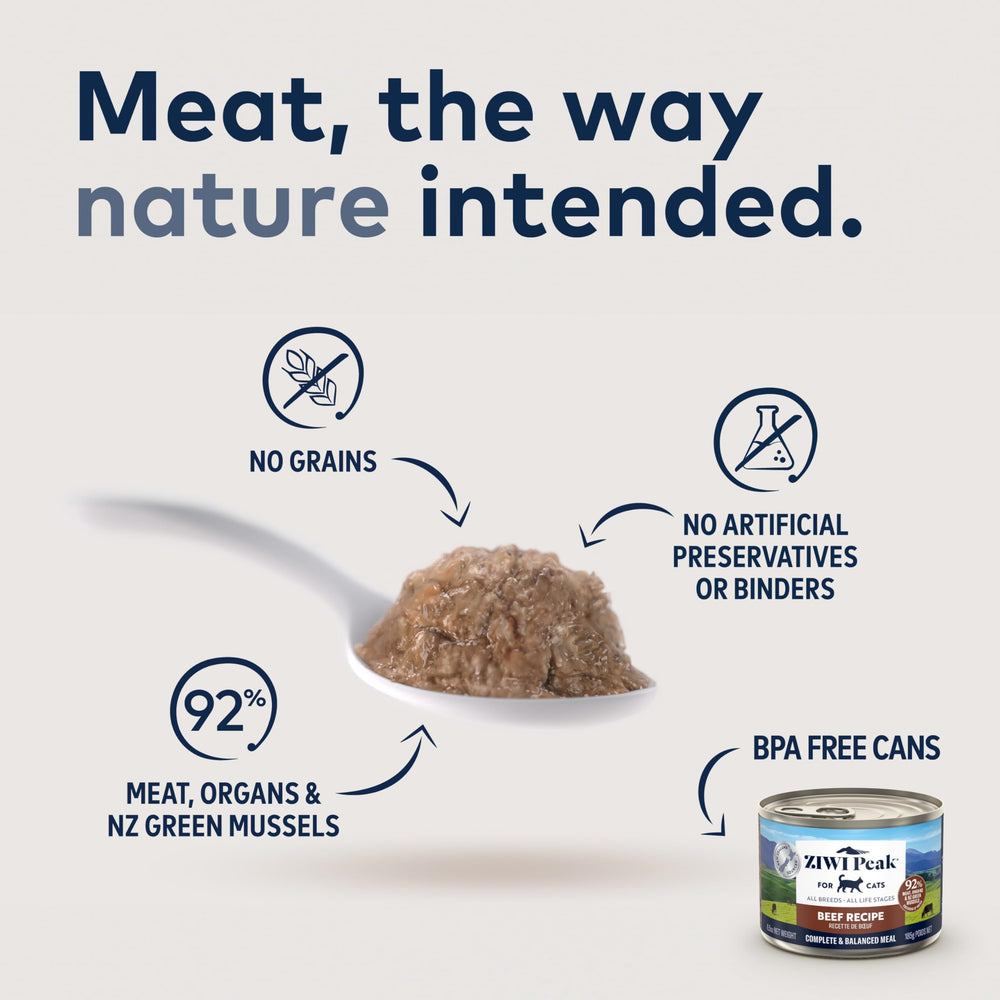 ZIWI Peak Beef wet cat food can side highlighting compact moisture-rich nutrition
