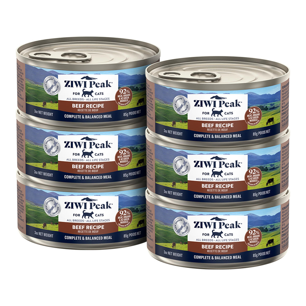 ZIWI Peak beef pate can shows a protein-rich meal option for cats.