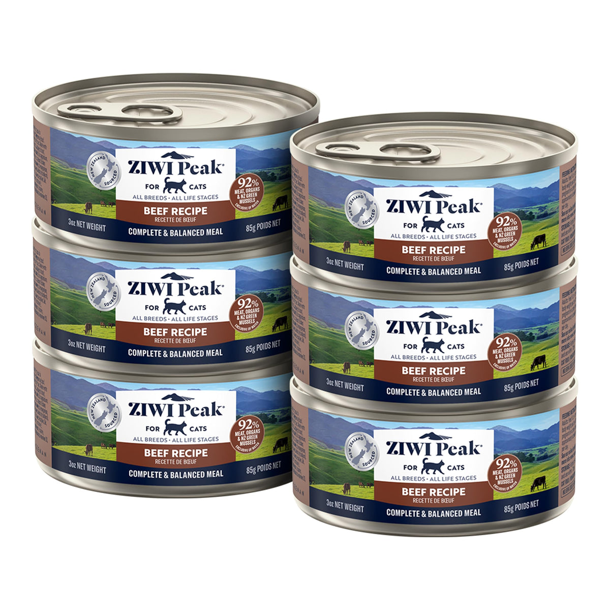ZIWI Peak beef pate can shows a protein-rich meal option for cats.
