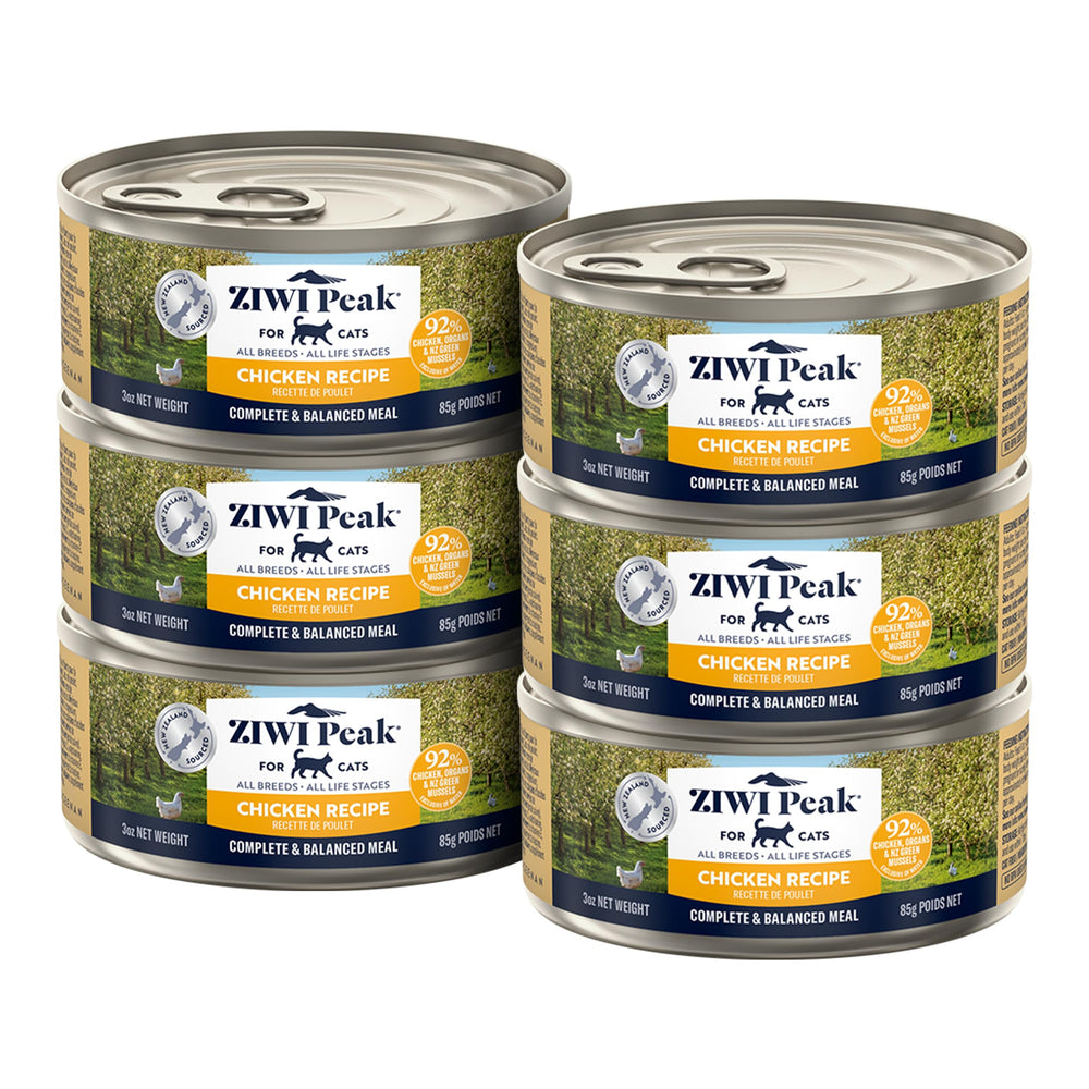 ZIWI Peak wet cat food chicken cans highlight high protein and grain-free nutrition.