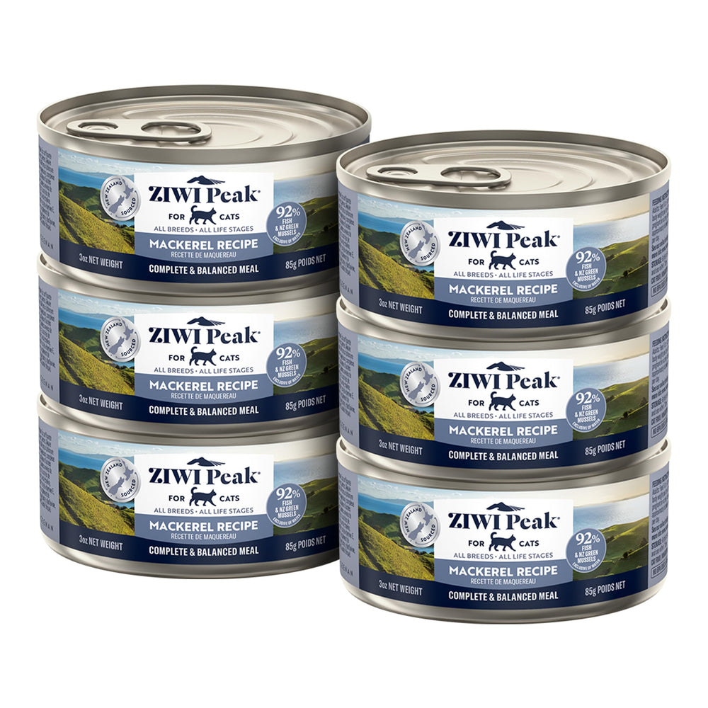 ZIWI Peak wet cat food mackerel can front view, rich protein source for cats.