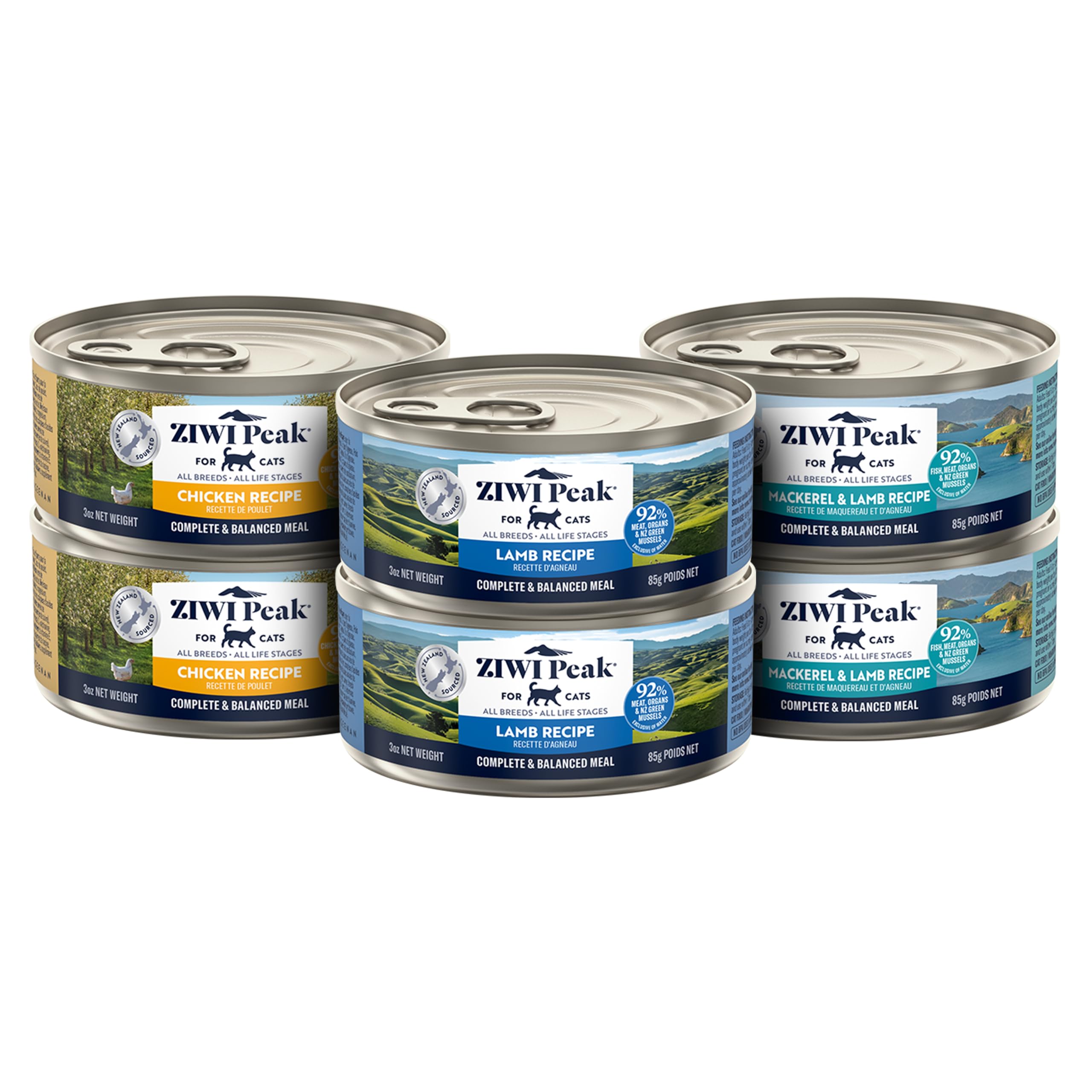 ZIWI Peak Wet Cat Food Variety Pack with chicken, mackerel and lamb flavors in 3oz cans.