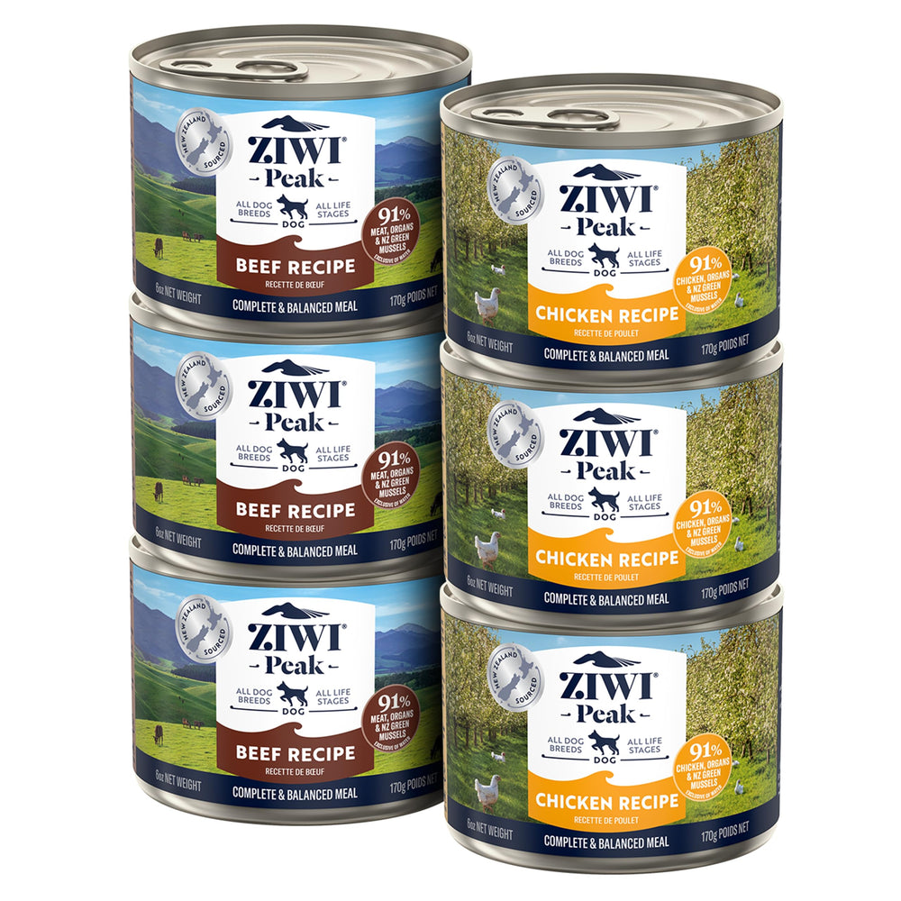 ZIWI Peak beef and chicken wet dog food can for active dogs with premium protein.