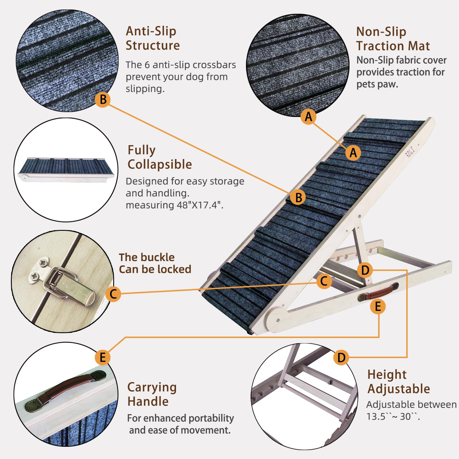 ZJSF dog ramp high-traction carpet provides secure footing.