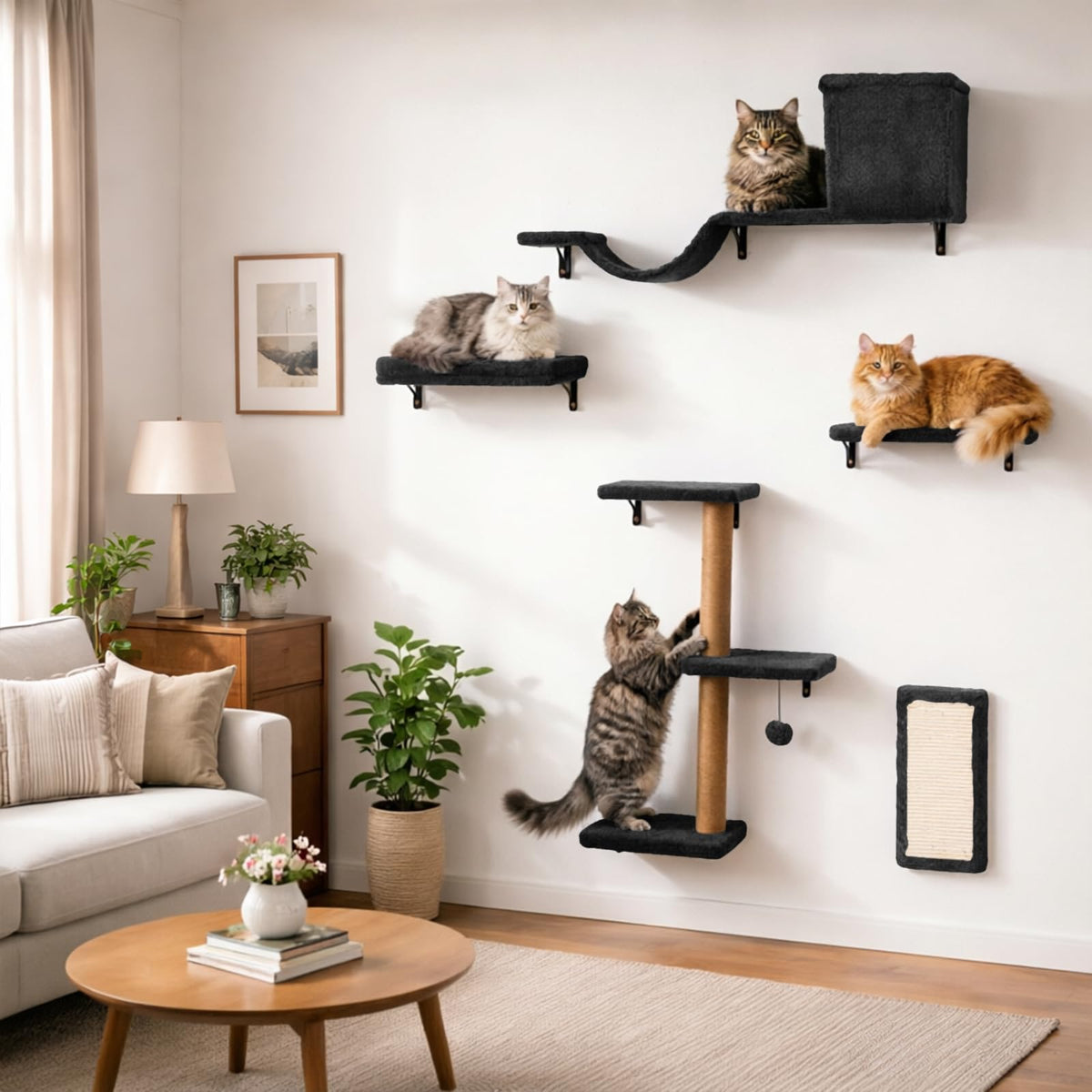 ZLAFM 5-in-1 cat wall shelves with bed and cave for cozy indoor lounging.