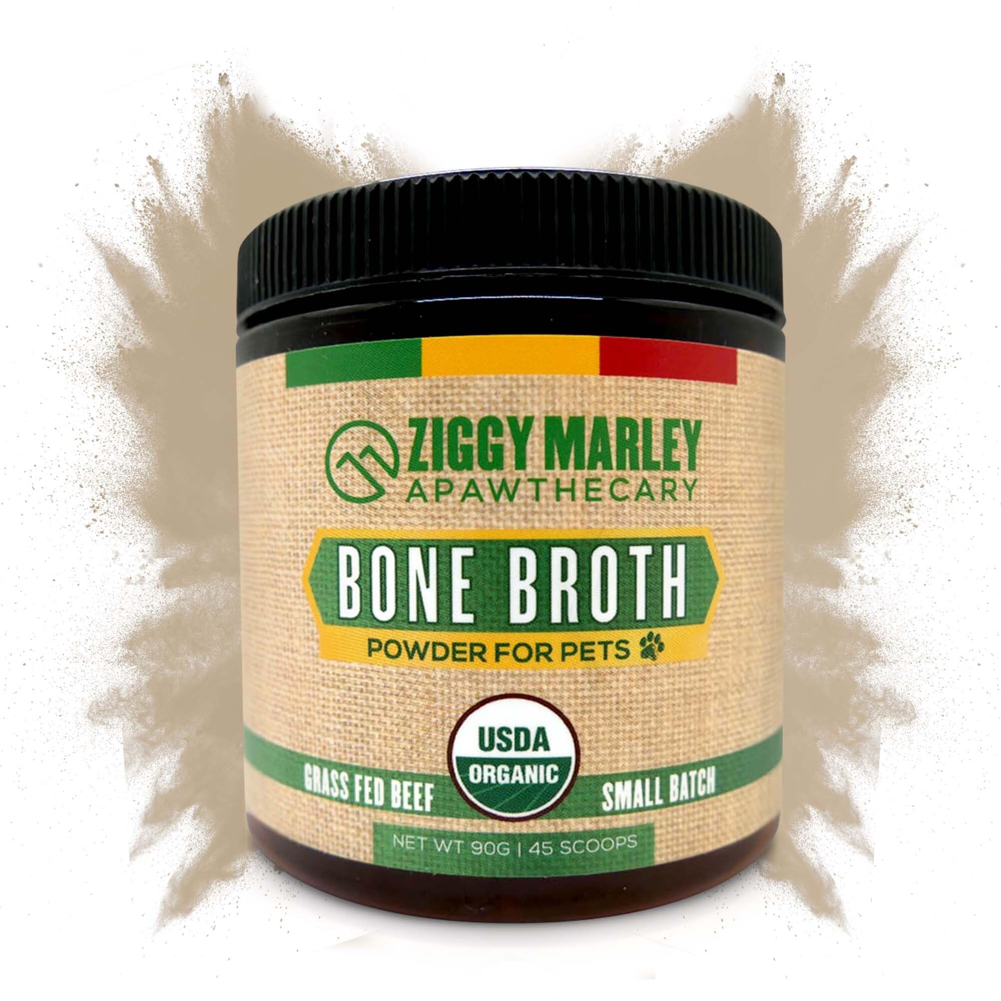 ZMA Pets Ziggy Marley’s bone broth powder bottle for pets