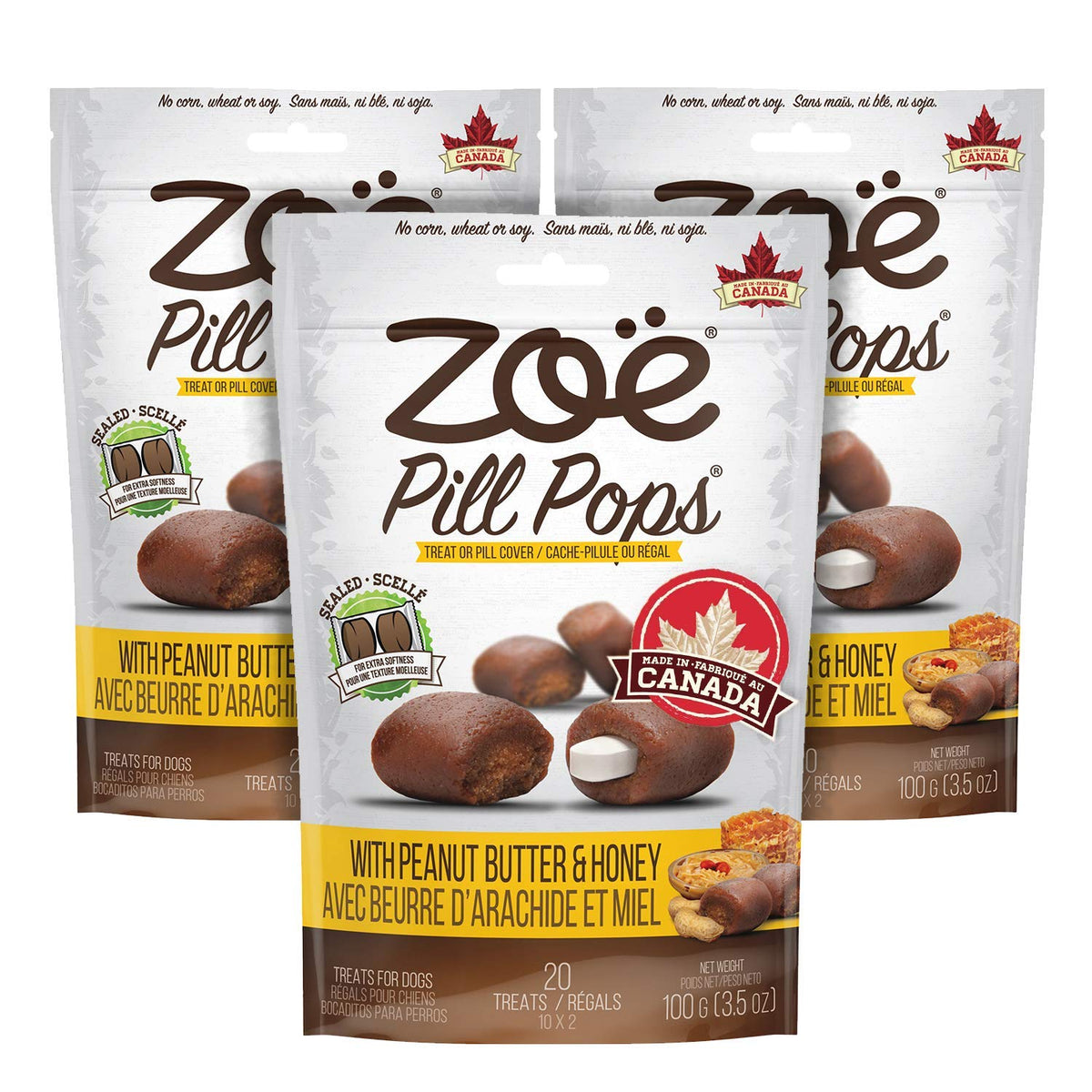 Zoë Pill Pops peanut butter honey three-pack shown in package for dogs