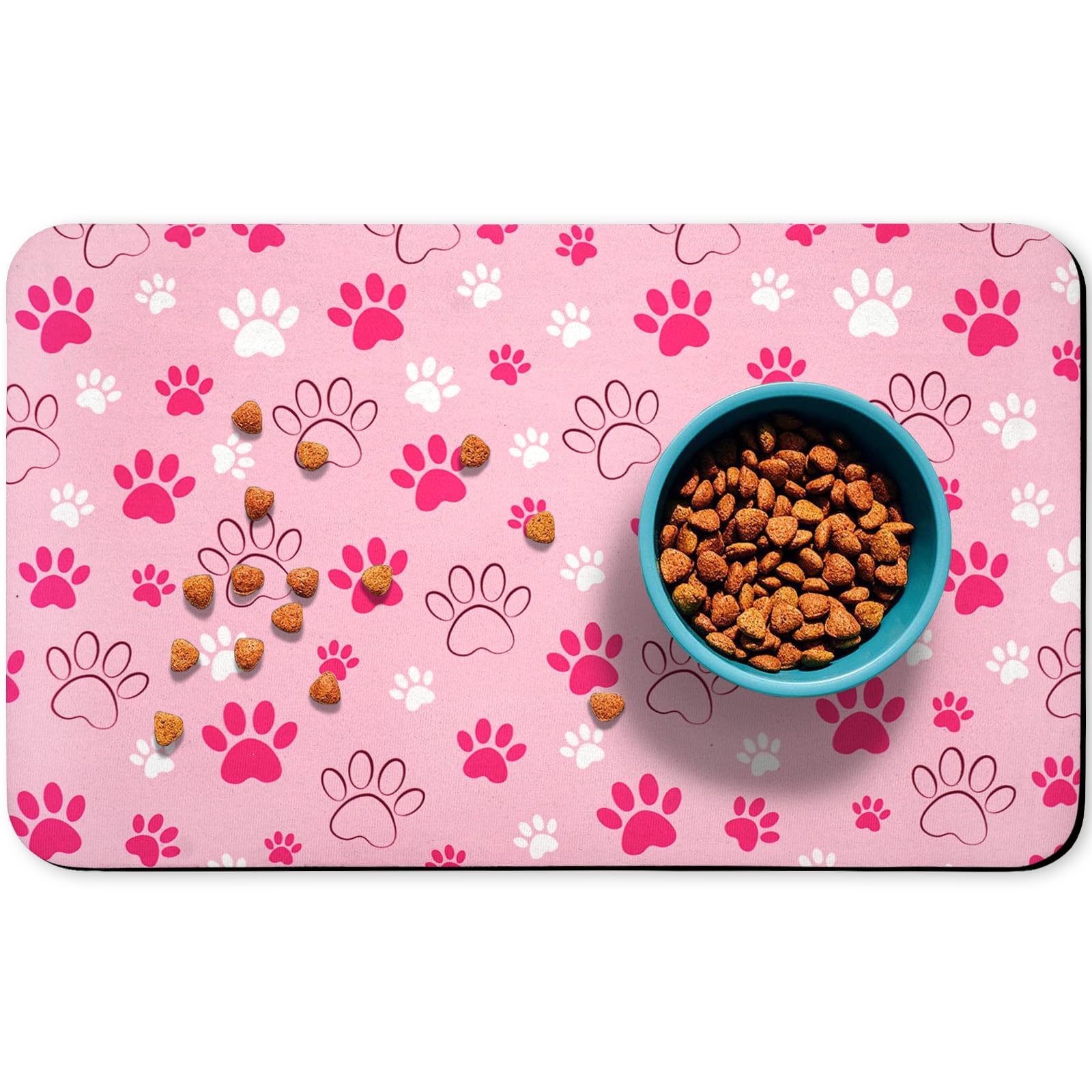 Zoeeya dog food mat pink 16x24 shows absorbent surface to keep spills contained.