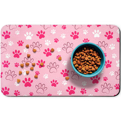 Zoeeya dog food mat pink 16x24 shows absorbent surface to keep spills contained.