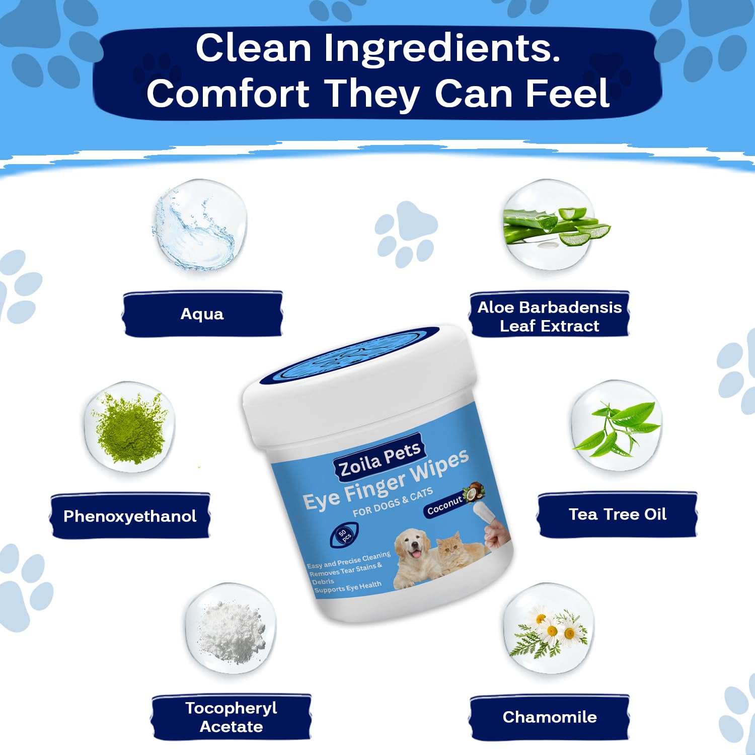 Zoila Pets Eye Wipes coconut scent for spa-like grooming.