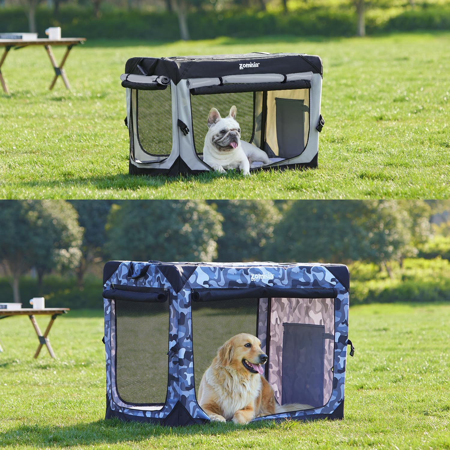 ZOMISIA soft-sided kennel ready for indoor and outdoor use during trips.