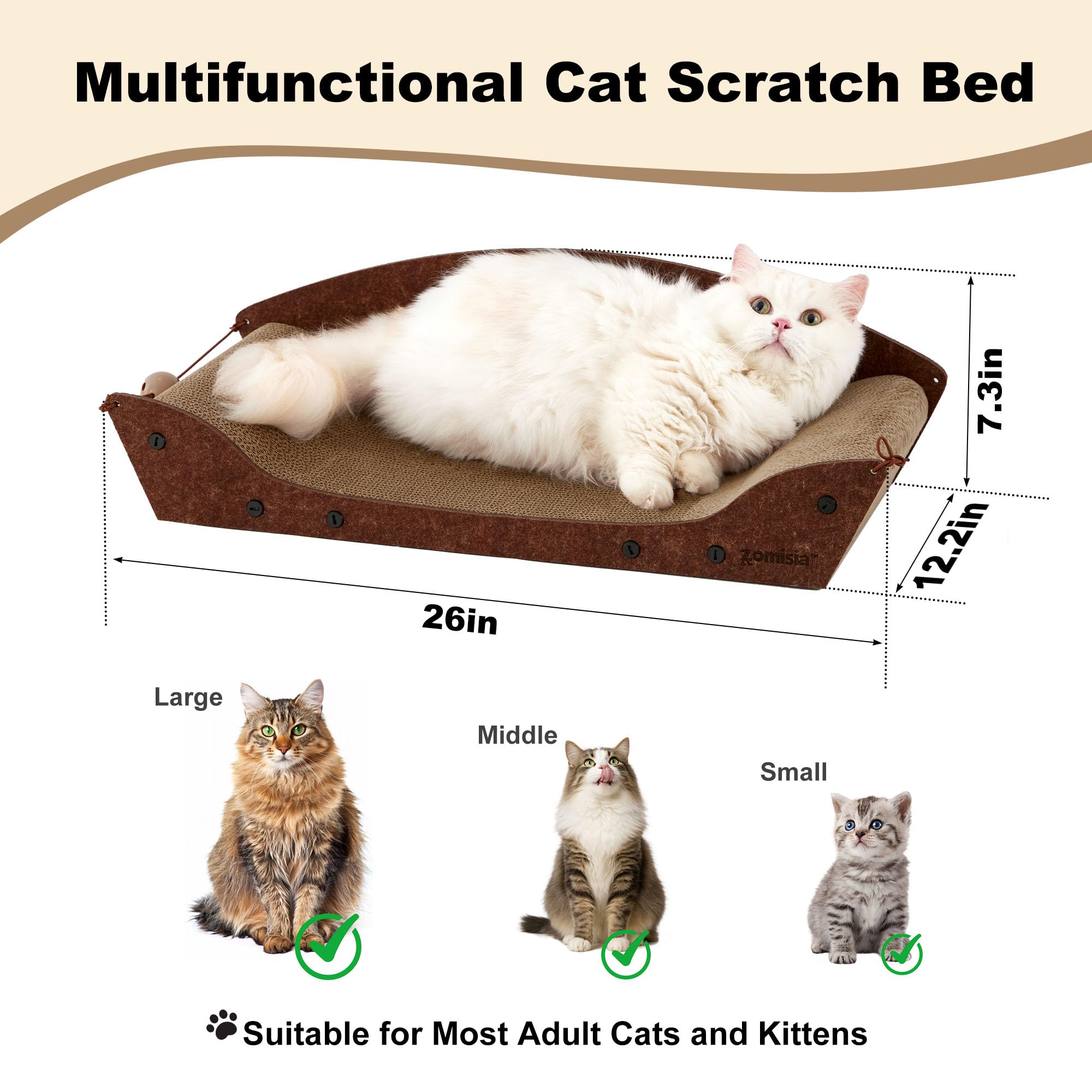 ZOMISIA 26 inch cardboard cat scratcher bed in use as a lounger