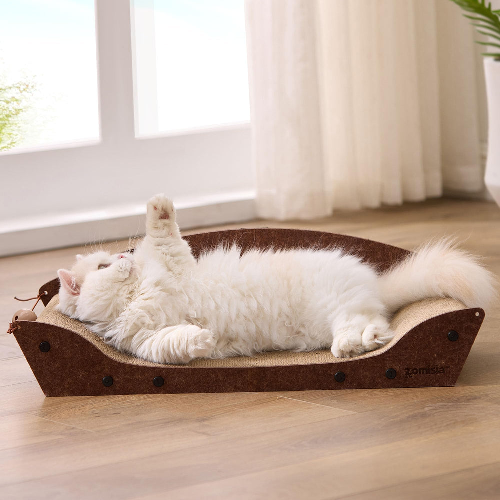 ZOMISIA 26 inch cardboard cat scratcher bed side view highlighting ergonomic armrests