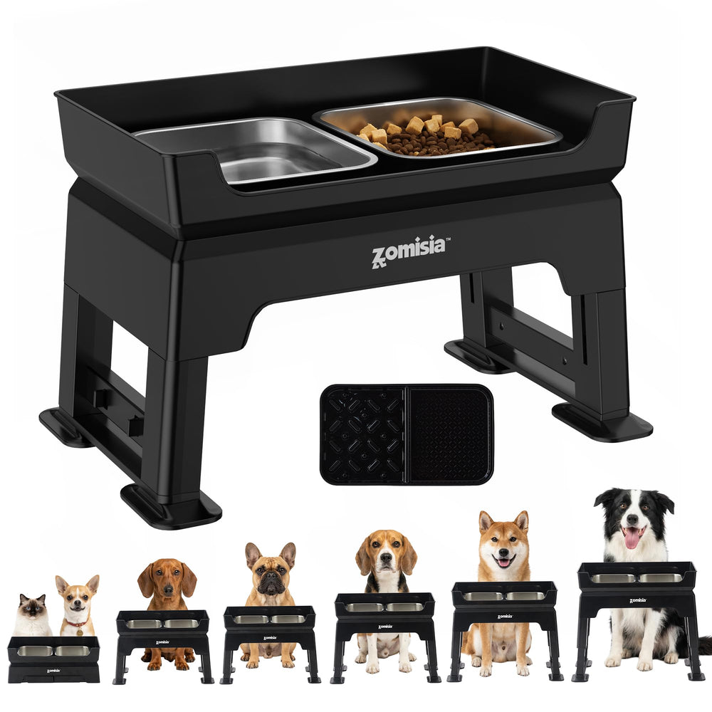 Zomisia 3-in-1 elevated dog bowls stand with spill guards for cleaner feeding.