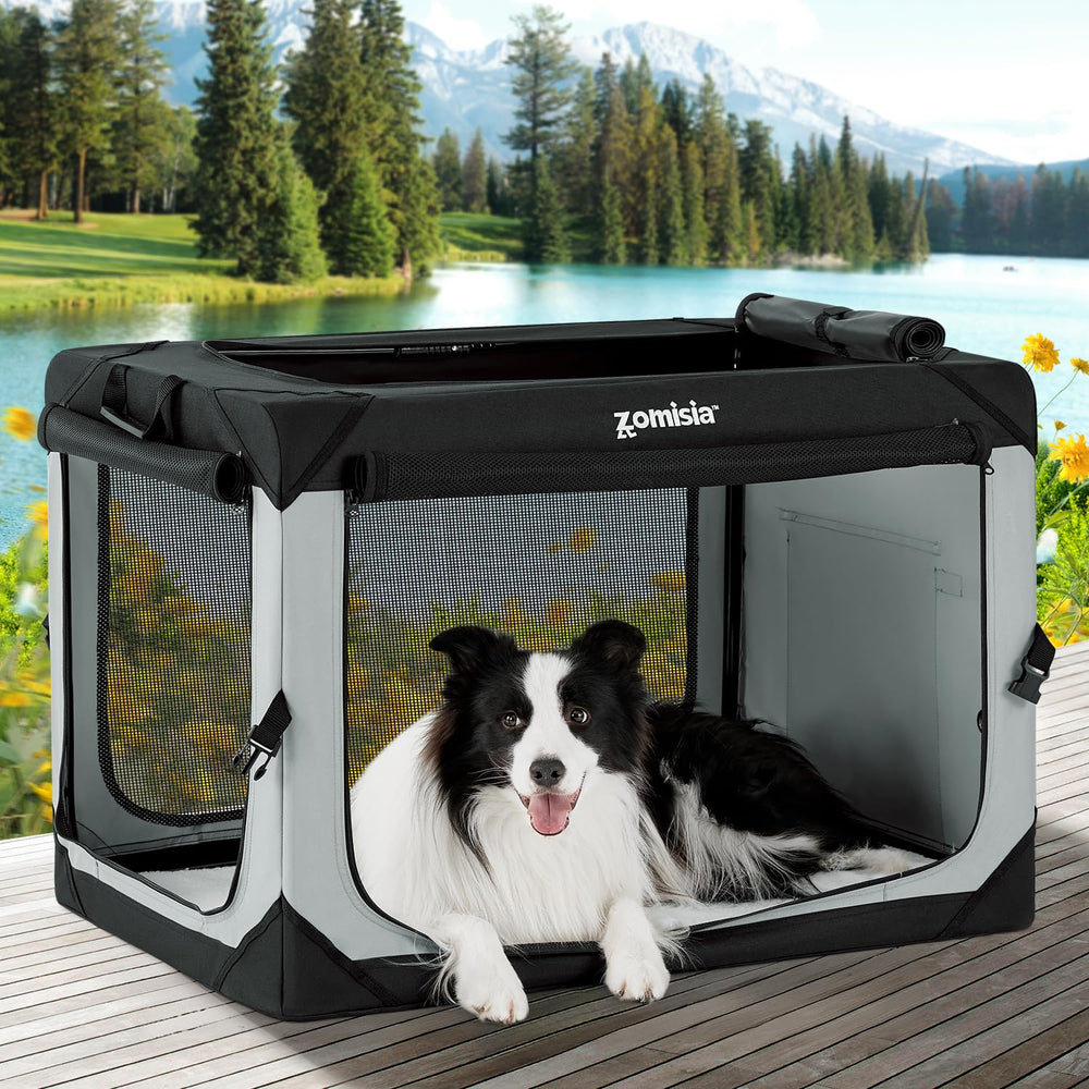 ZOMISIA 36-inch collapsible crate folded for compact travel storage.