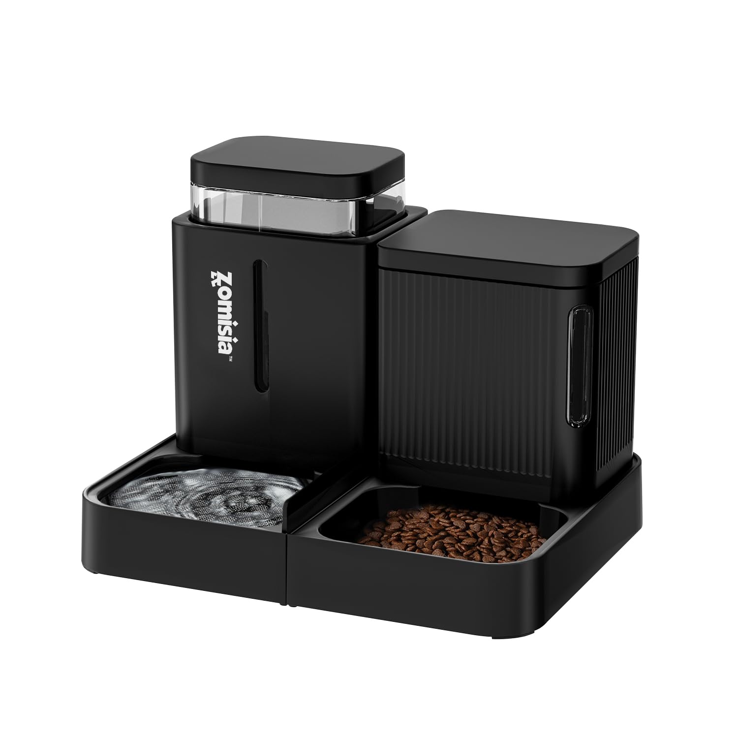 ZOMISIA automatic feeder and water dispenser front view with dual 0.8 gal tanks.