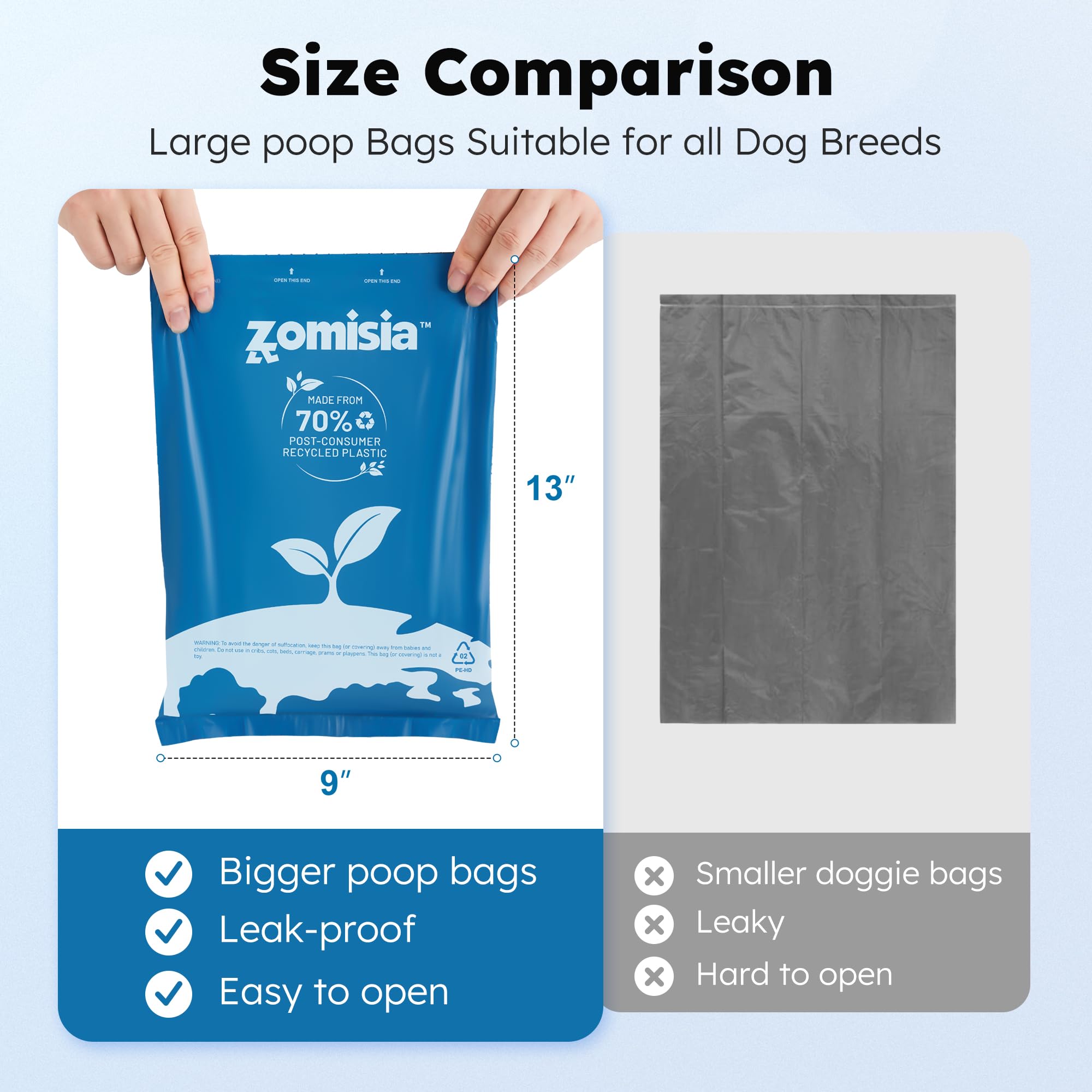 ZOMISIA bags sized 9x13 inches fit standard waste pickups.
