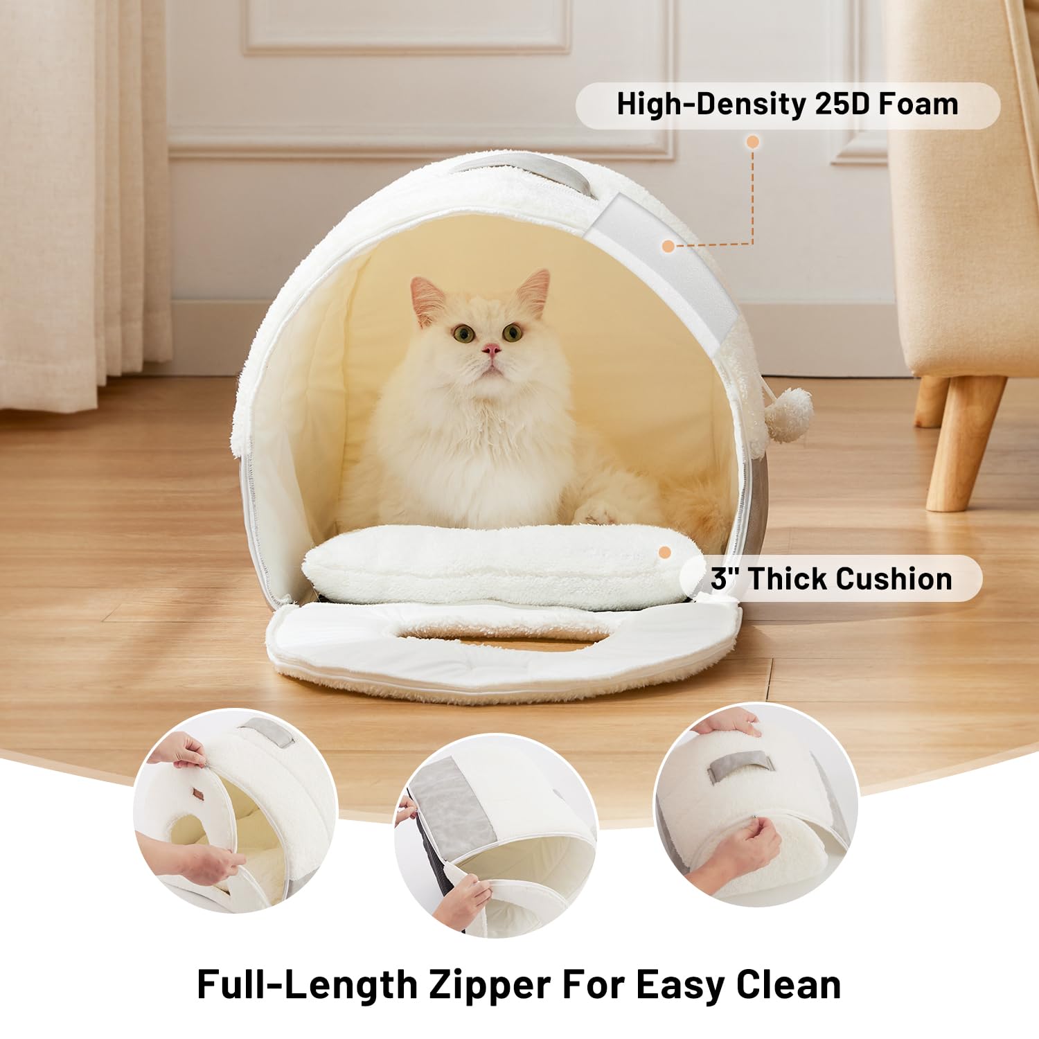 ZOMISIA Cat Bed Cave includes a dangling toy for enrichment at the entrance