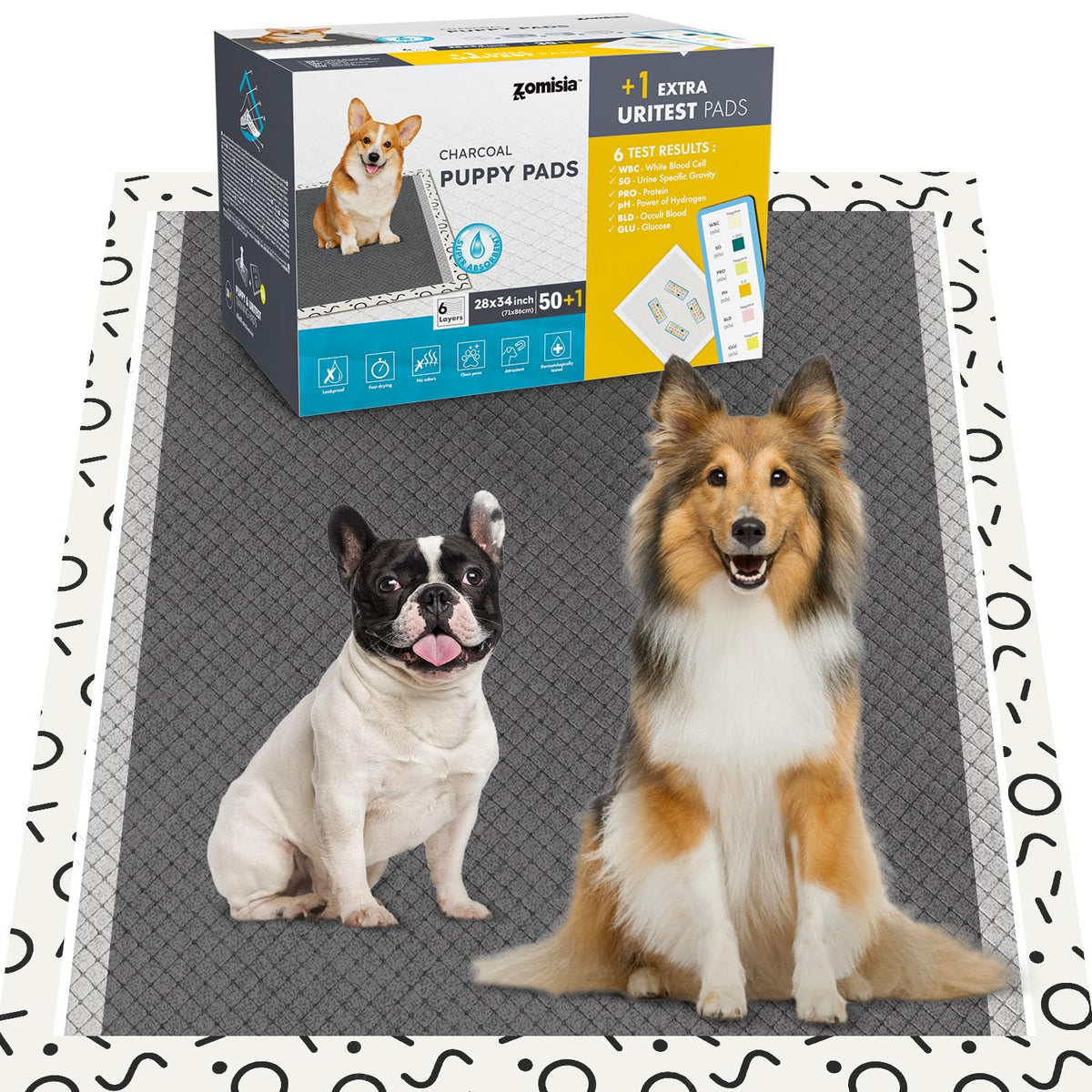 ZOMISIA Charcoal Puppy Pee Pad XL 28x34 in use for training and odor control.