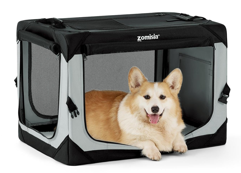 ZOMISIA collapsible dog crate with folding handle for easy transport.