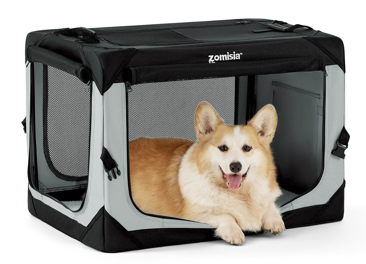 ZOMISIA collapsible dog crate with folding handle for easy transport.