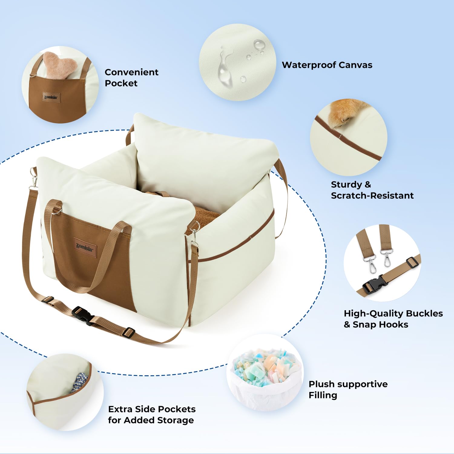Zomisia booster seat interior with memory foam for cushioned support during long drives.