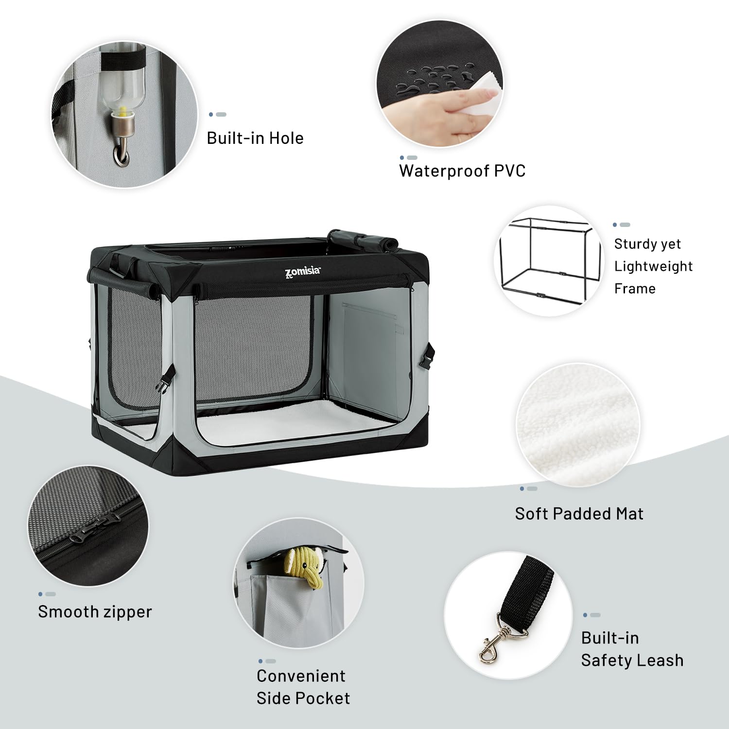 ZOMISIA crate external pocket for toys and treats.