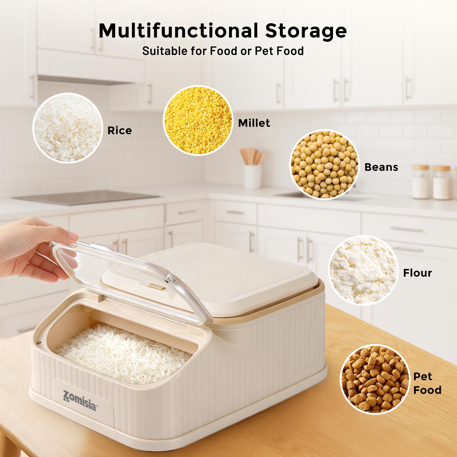 ZOMISIA versatile storage for kibble, rice, beans, and more.