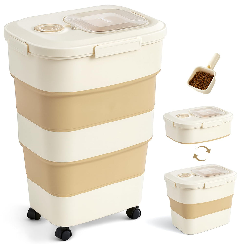 Zomisia dog food storage container side view highlighting large kibble capacity.
