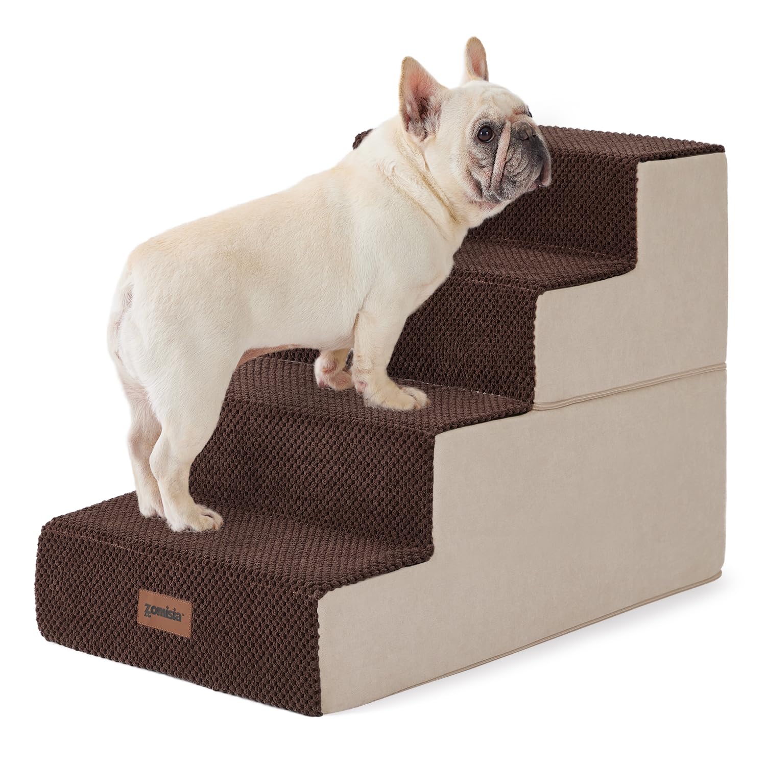 ZOMISIA 4-step grey dog stairs on sofa show easy access for small dogs