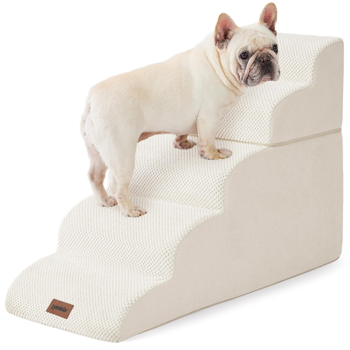ZOMISIA dog stairs 5-step beige front view shows stable access to high beds.