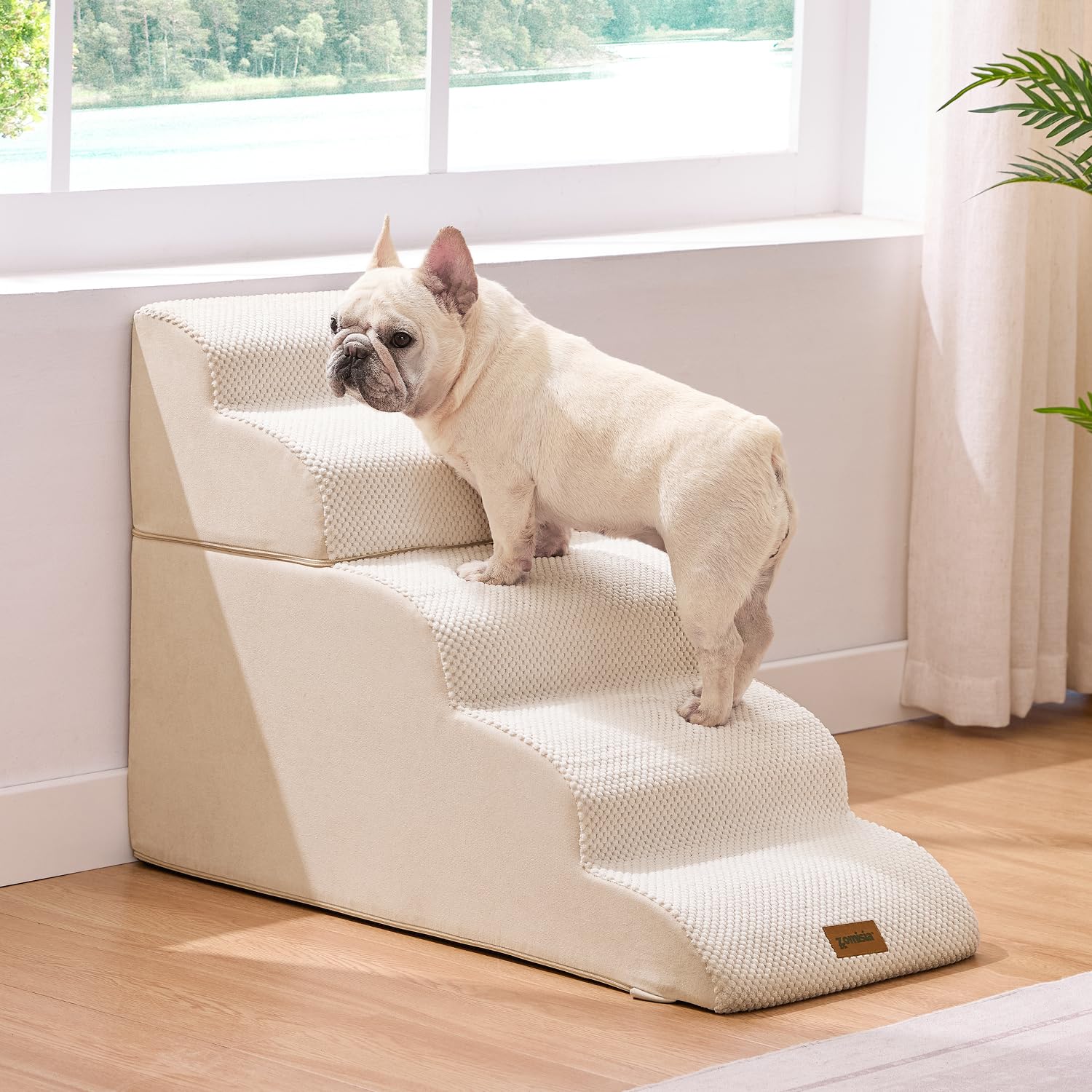 ZOMISIA dog stairs 5-step beige side view highlights compact footprint and practical setup.