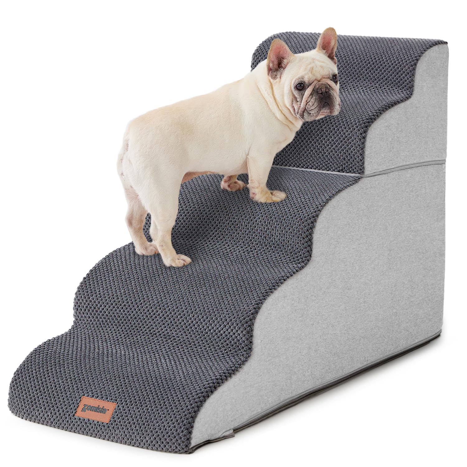 ZOMISIA dog stairs 5-step assembled on a bed, providing stable support for high sleeping surfaces.