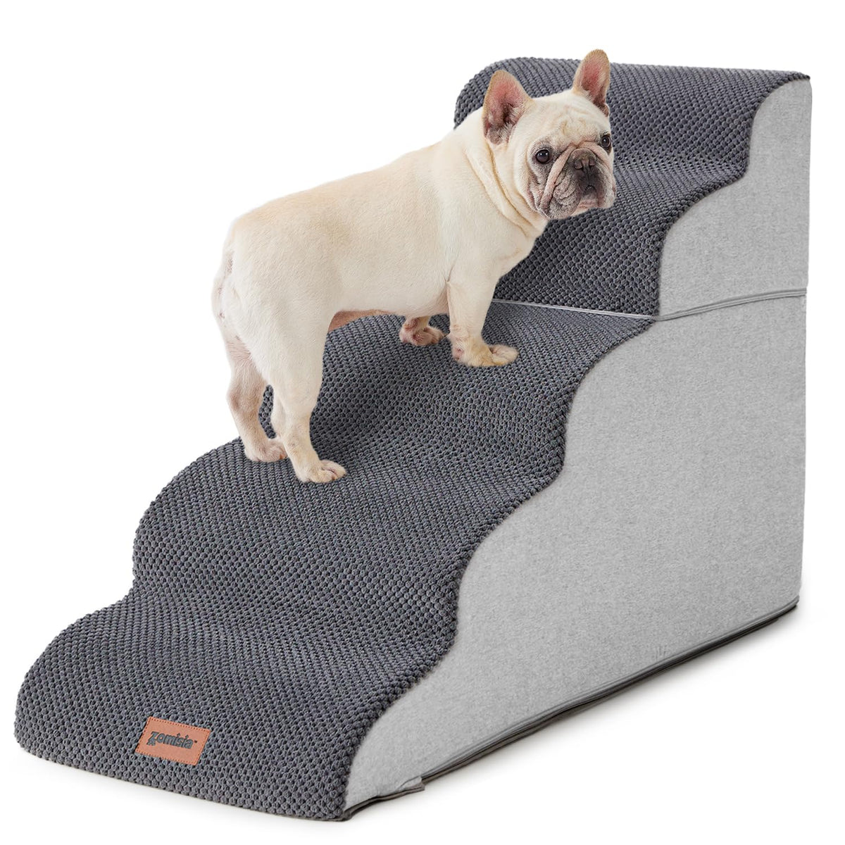 ZOMISIA dog stairs 5-step assembled on a bed, providing stable support for high sleeping surfaces.