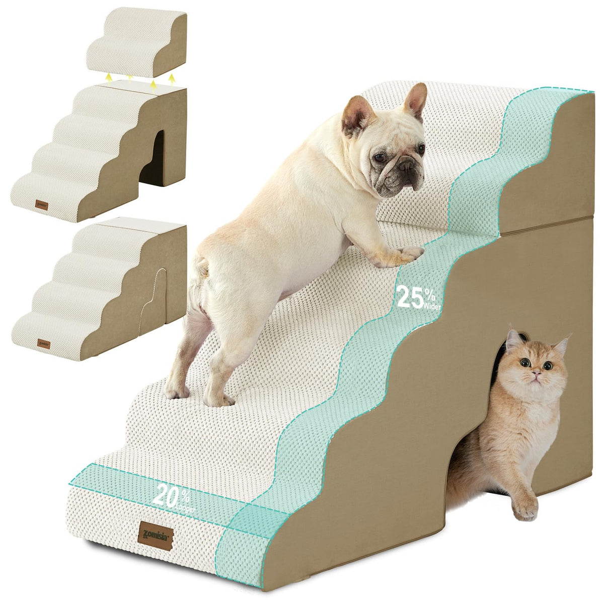 ZOMISIA dog steps 6-step 29in shown for multi-pet access to a sofa