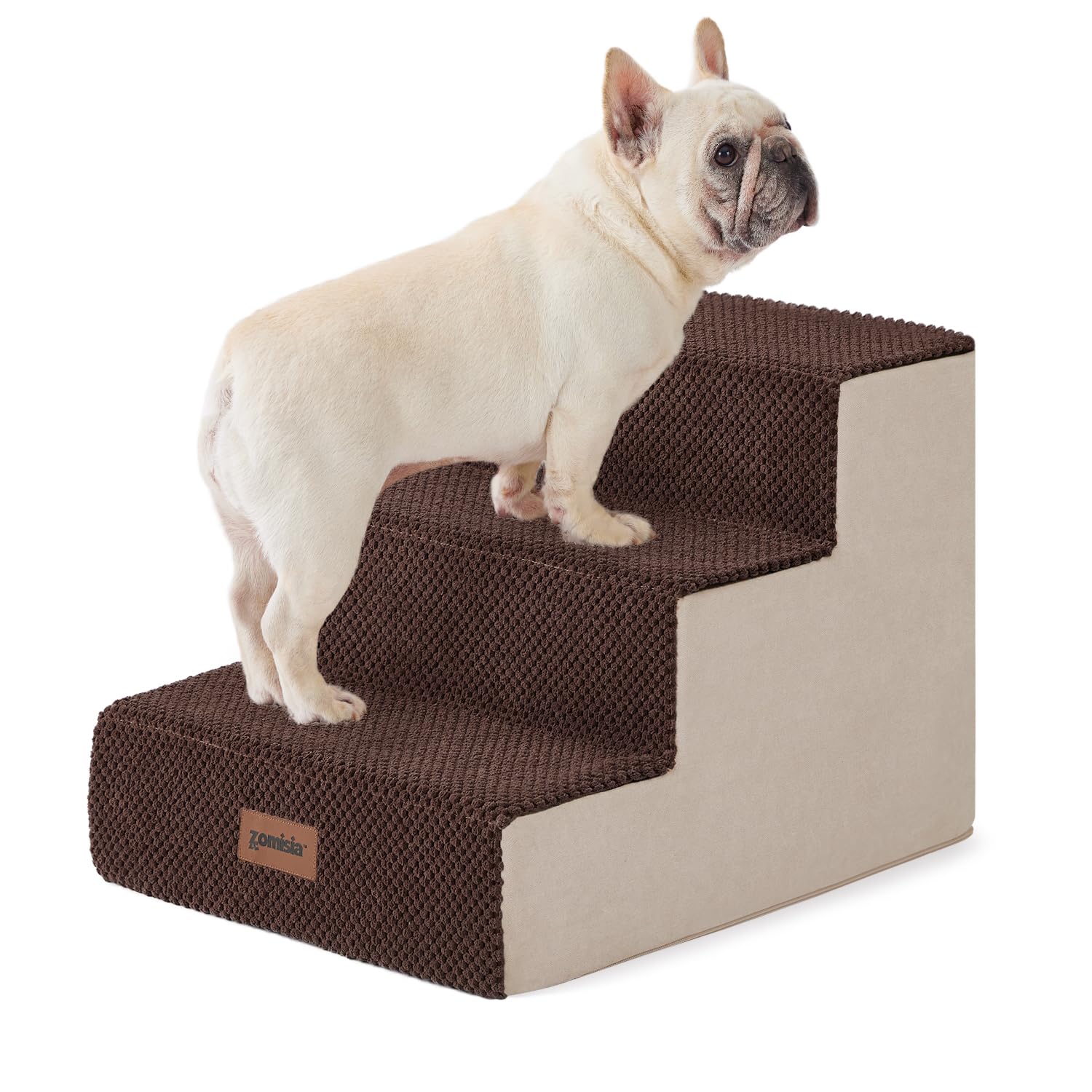 ZOMISIA dog steps on gray couch, easing small dogs' sofa access.